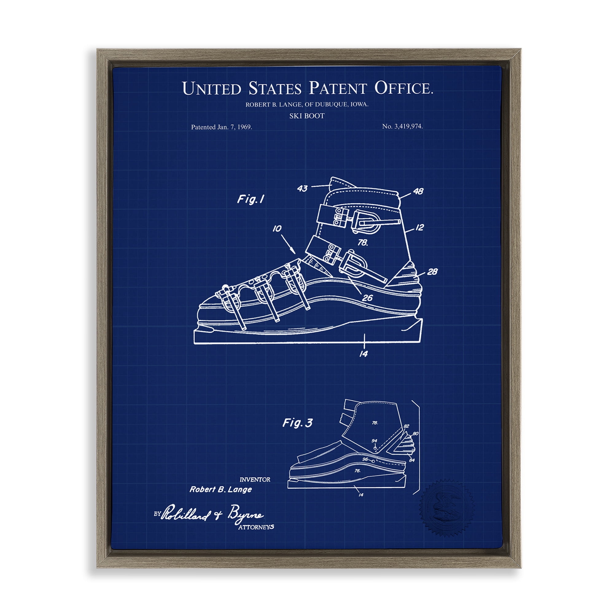 Stupell Industries Ski Boot Blueprint Sports Painting Brown Floater Framed Art Print Wall Art, 17 x 21