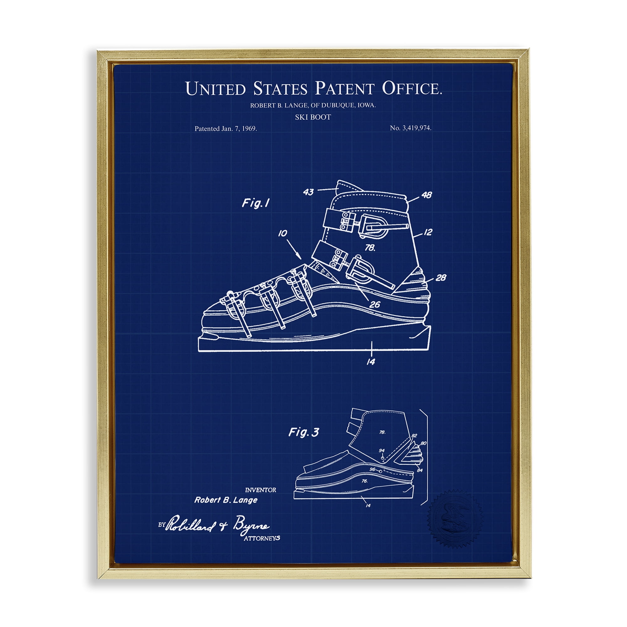 Stupell Industries Ski Boot Blueprint Sports Painting Gold Floater Framed Art Print Wall Art, 17 x 21
