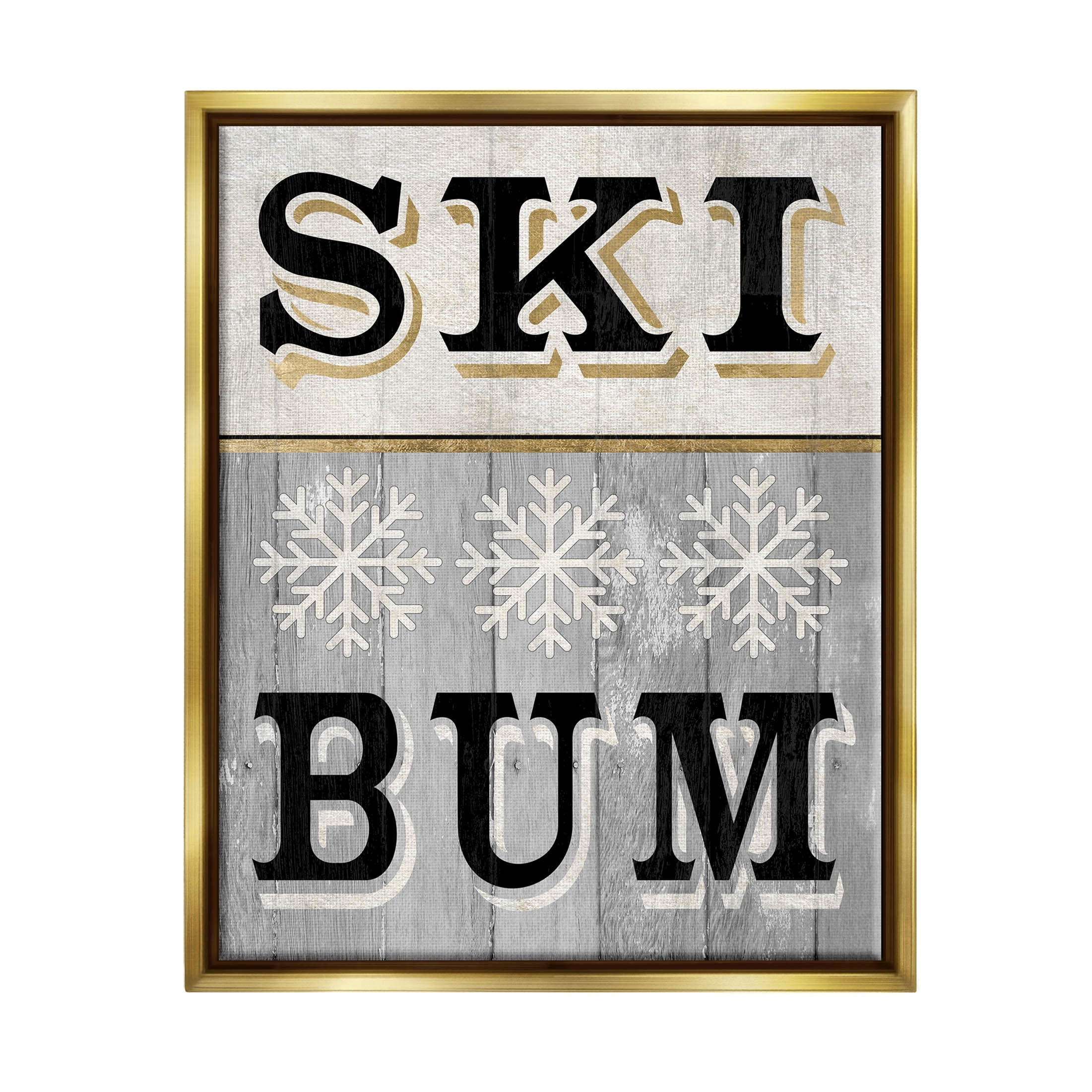 Stupell Industries Ski Bum Snowflake Sign Graphic Art Metallic Gold Floating Framed Canvas Print Wall Art, Design by Livi Finn