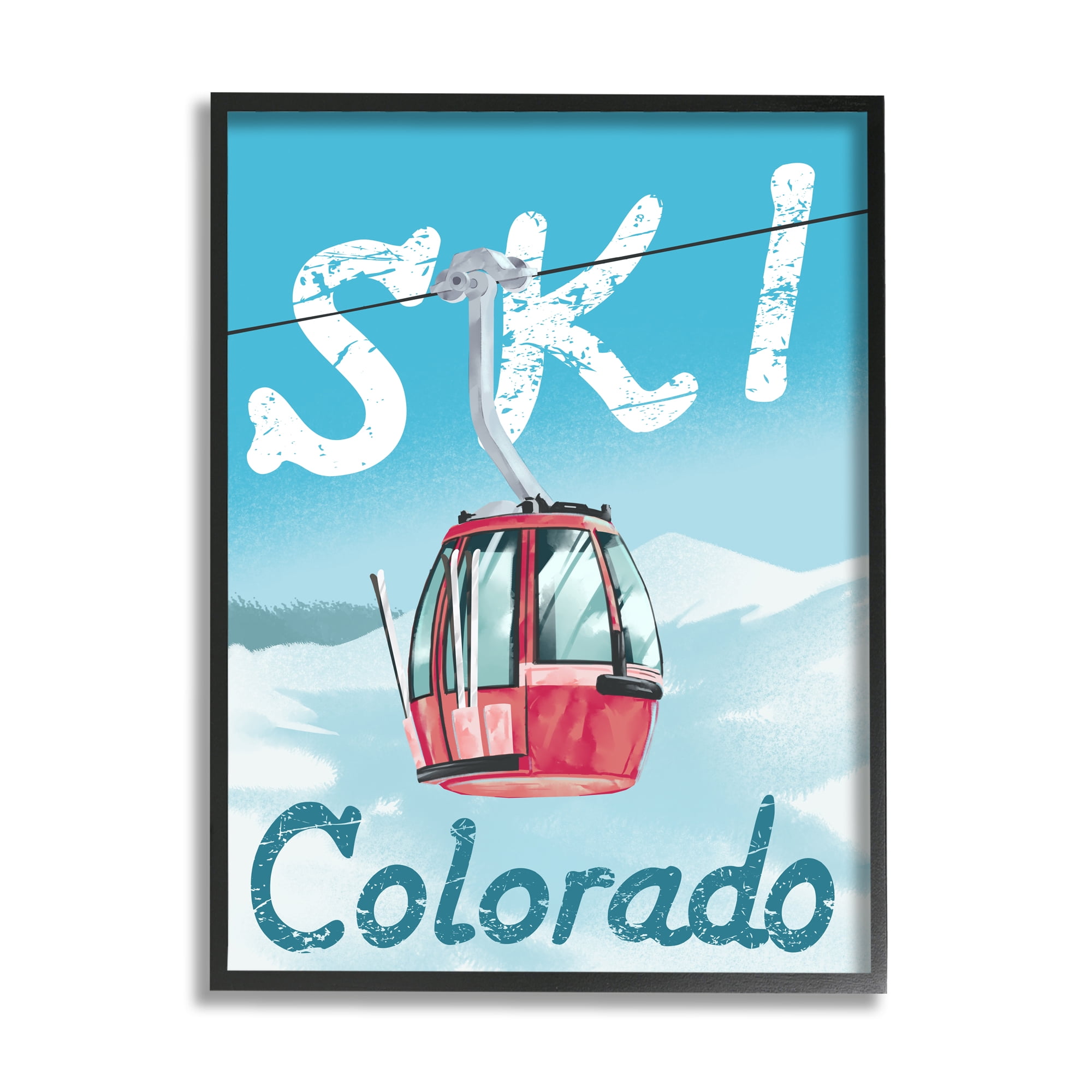 Stupell Industries Ski Colorado Winter Mountain Trolly Snowy Hill Sports Painting Black Framed Art Print Wall Art, 16 x 20