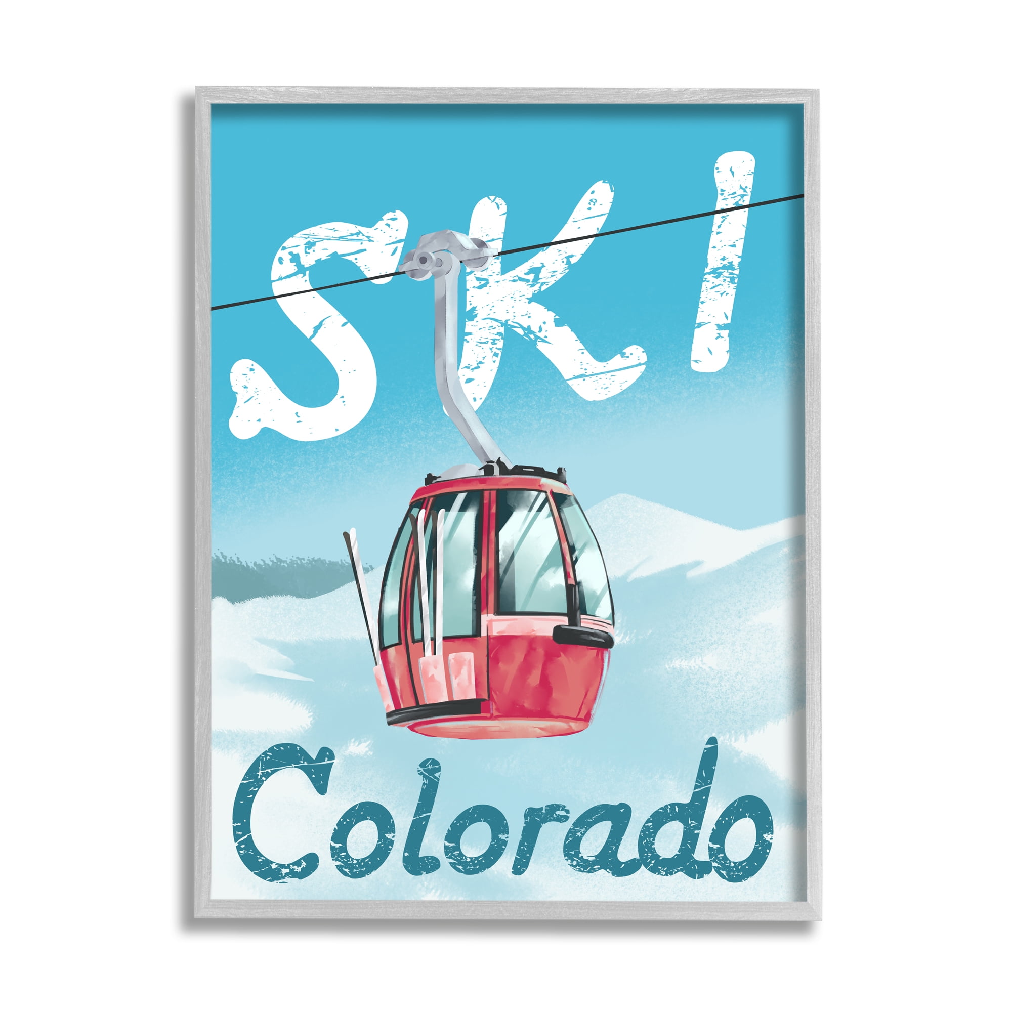 Stupell Industries Ski Colorado Winter Mountain Trolly Snowy Hill Sports Painting Gray Framed Art Print Wall Art, 11 x 14
