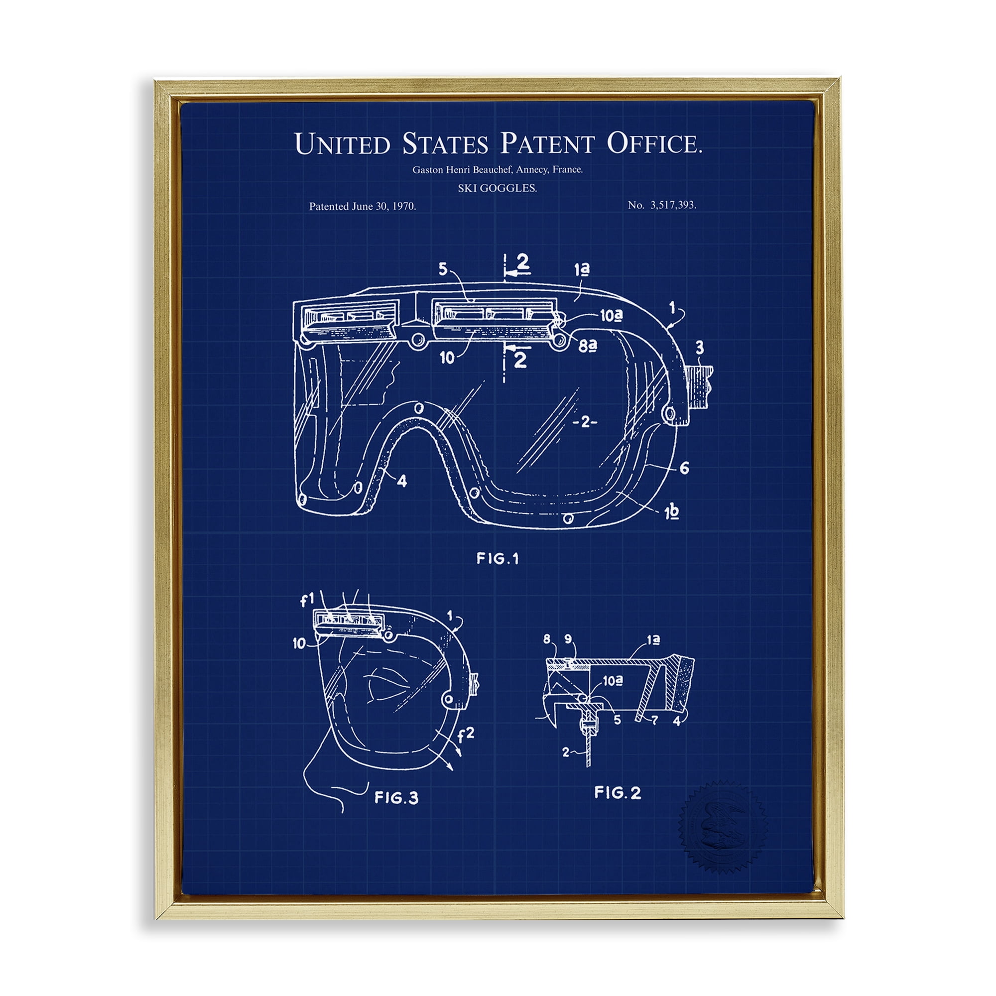 Stupell Industries Ski Goggles Blueprint Sports Painting Gold Floater Framed Art Print Wall Art, 17 x 21