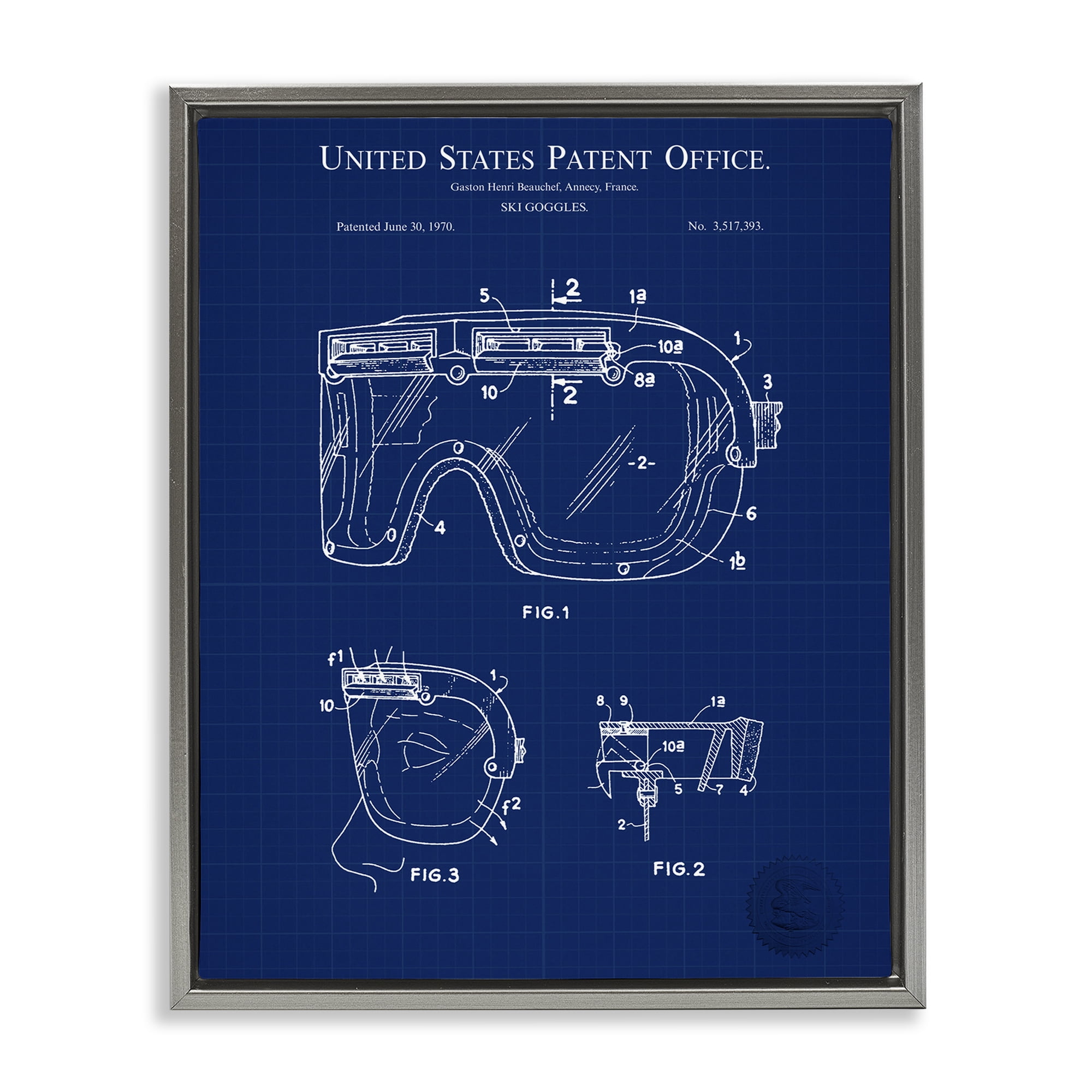 Stupell Industries Ski Goggles Blueprint Sports Painting Gray Floater Framed Art Print Wall Art, 25 x 31