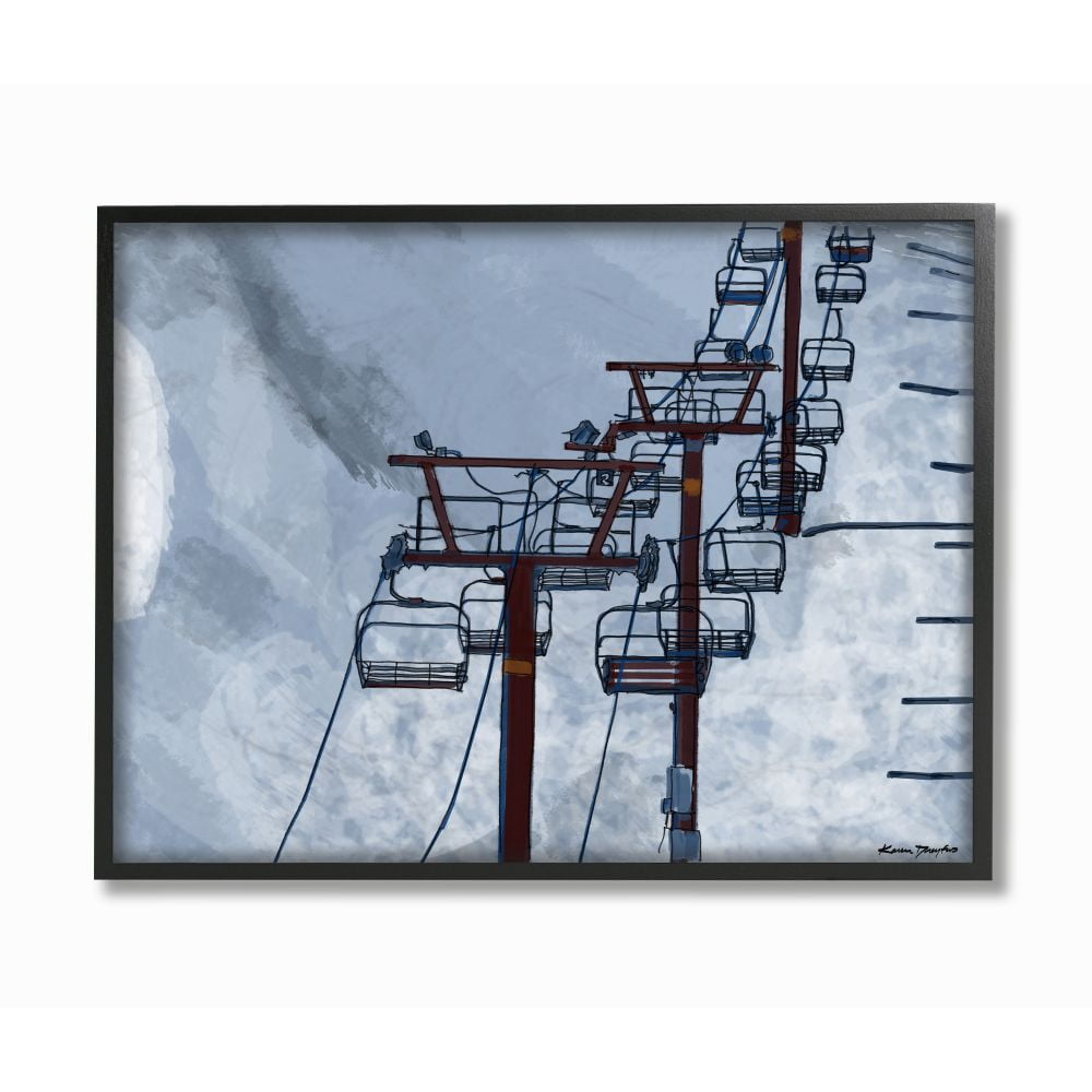 Ski Lift Blue Sky Giclee Textured Wall Art in Black Frame