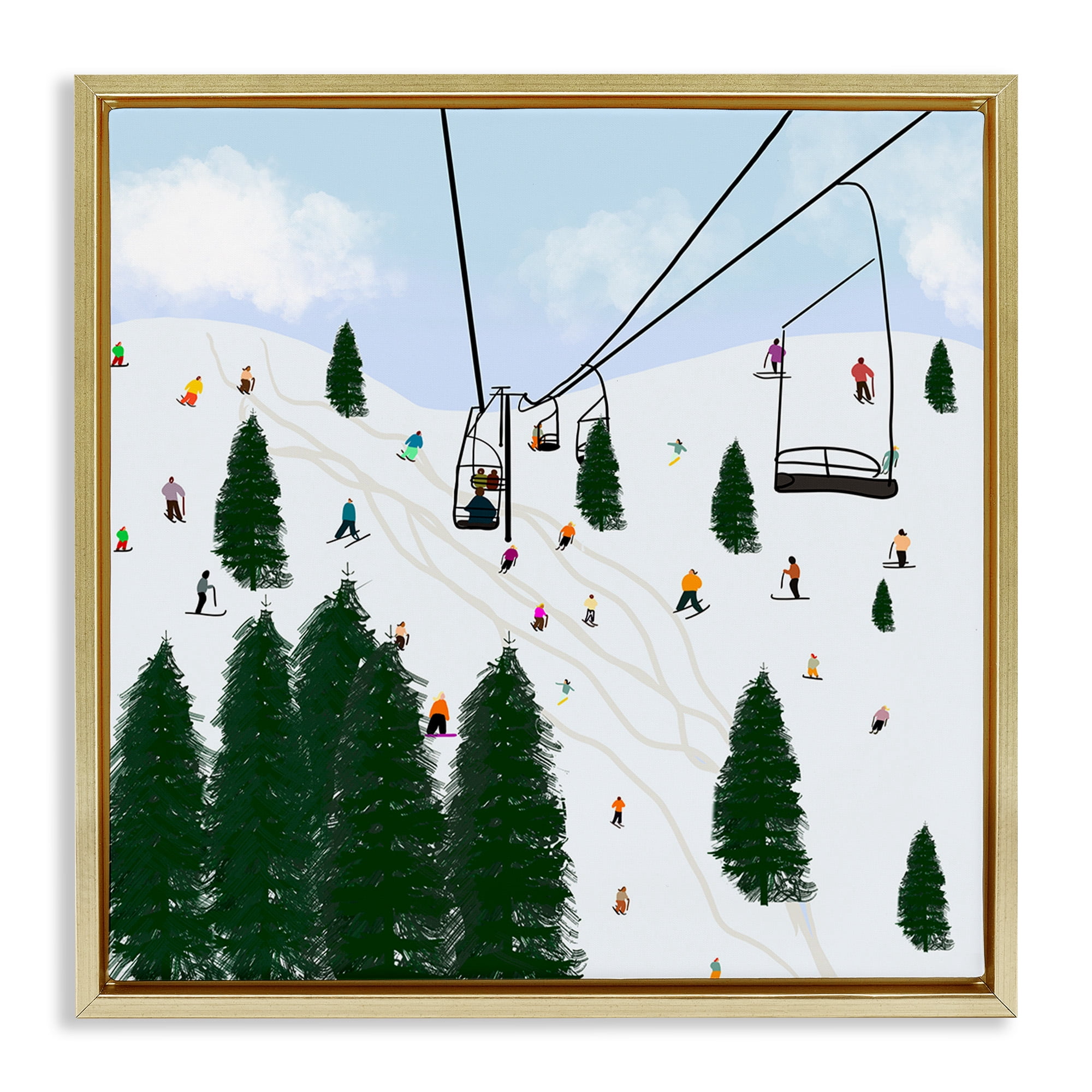 Stupell Industries Ski Lift Mountain Landscape Landscape Painting Gold Floater Framed Canvas Art Print Wall Art, 18 x 18