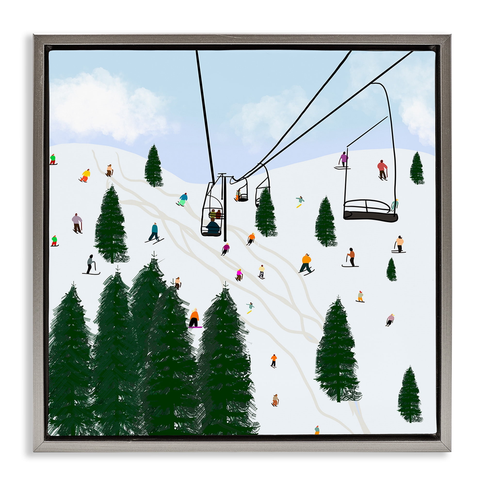 Stupell Industries Ski Lift Mountain Landscape Landscape Painting Gray Floater Framed Canvas Art Print Wall Art, 25 x 25