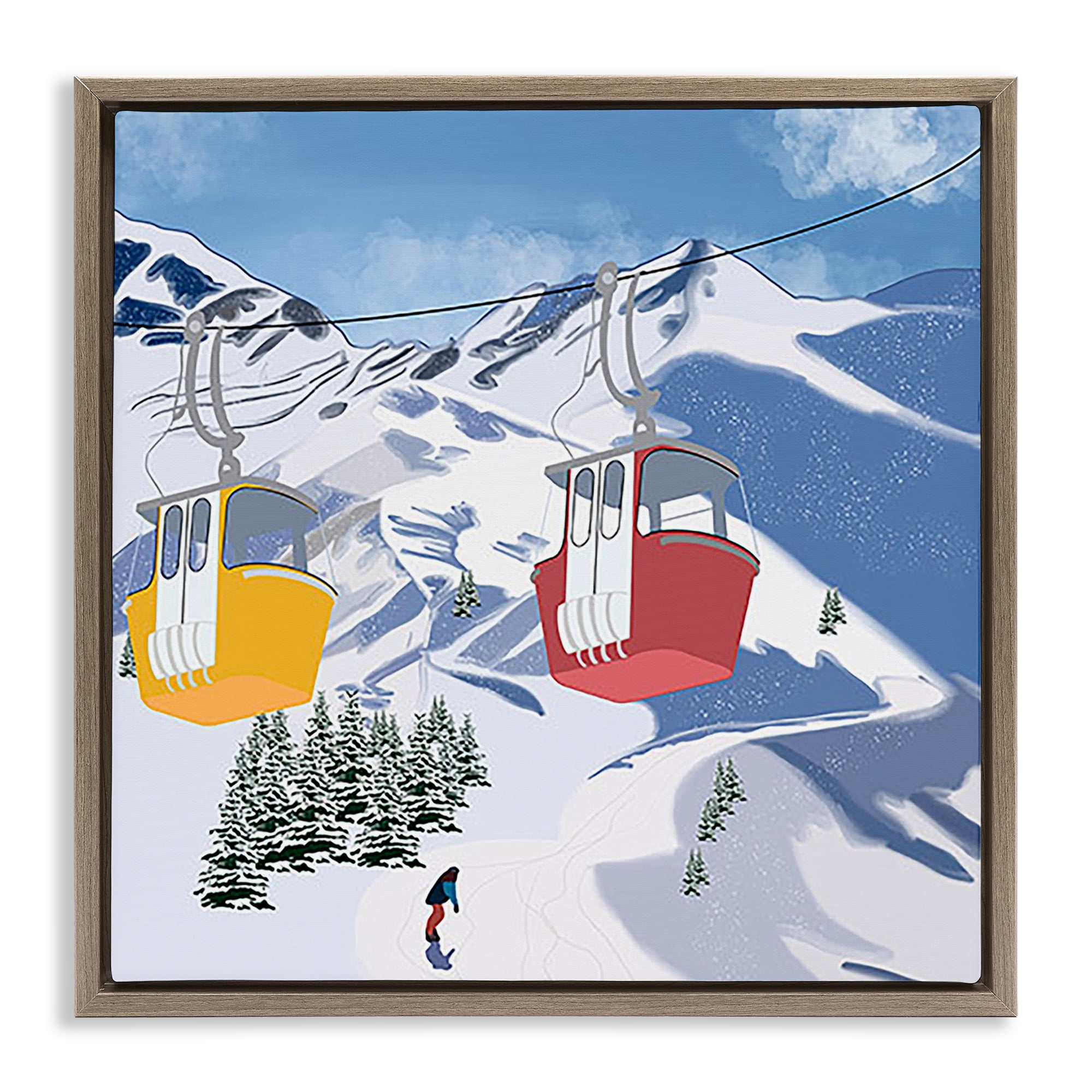 Stupell Industries Ski Lift over Vast Mountain Sports Painting Brown Floater Framed Canvas Art Print Wall Art, 25 x 25