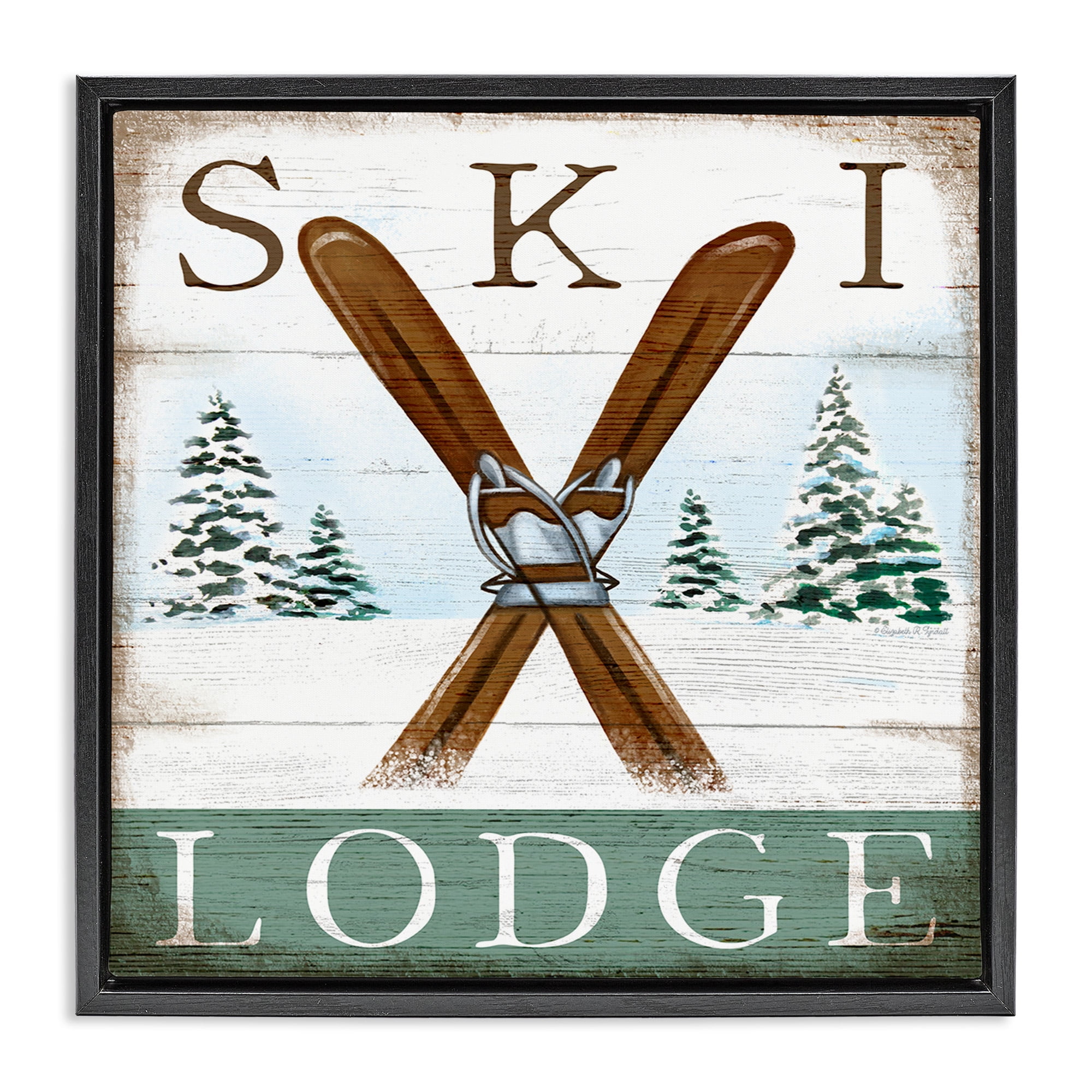 Stupell Industries Ski Lodge Rustic Cabin Sign Sports Painting Black Floater Framed Canvas Art Print Wall Art, 25 x 25