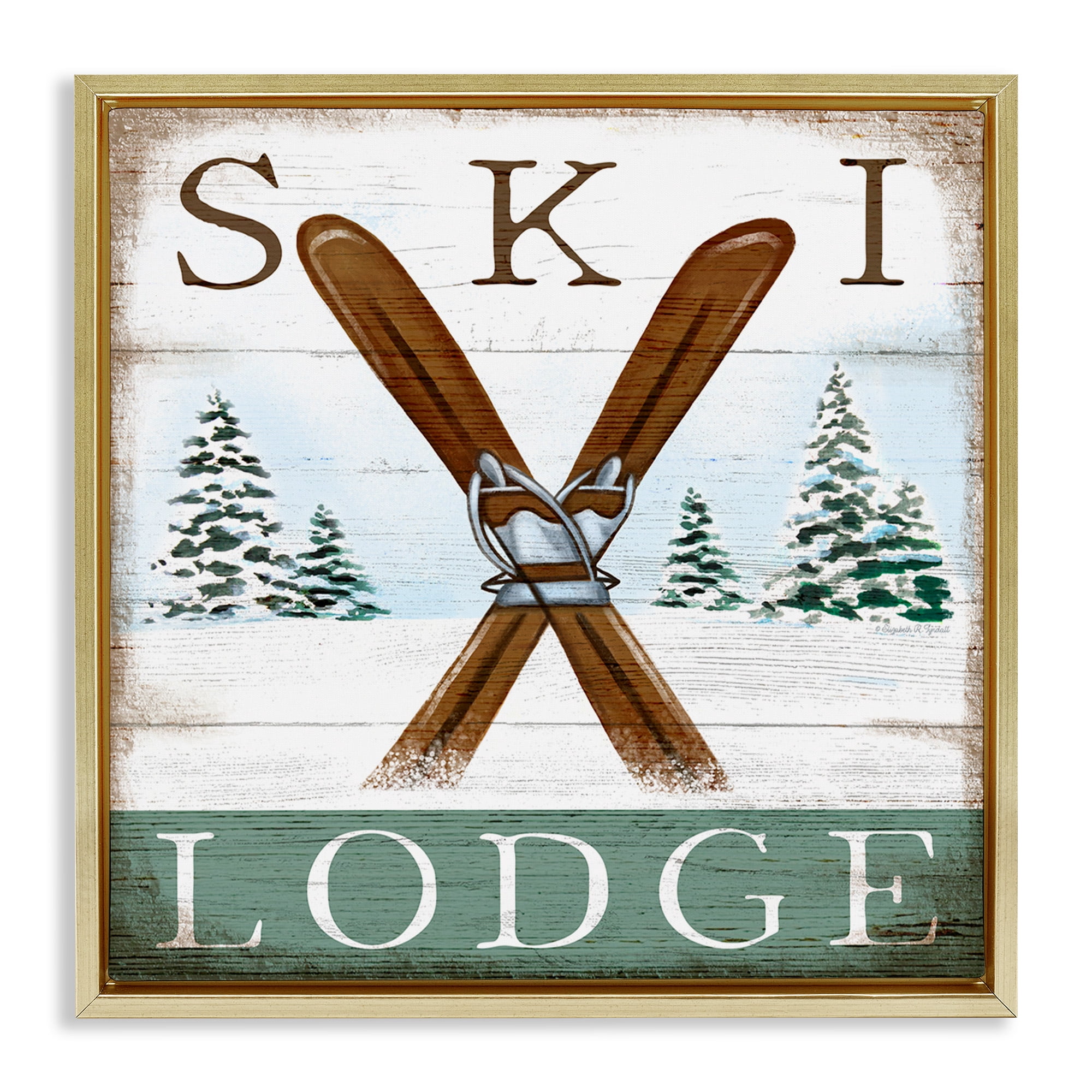 Stupell Industries Ski Lodge Rustic Cabin Sign Sports Painting Gold Floater Framed Canvas Art Print Wall Art, 25 x 25