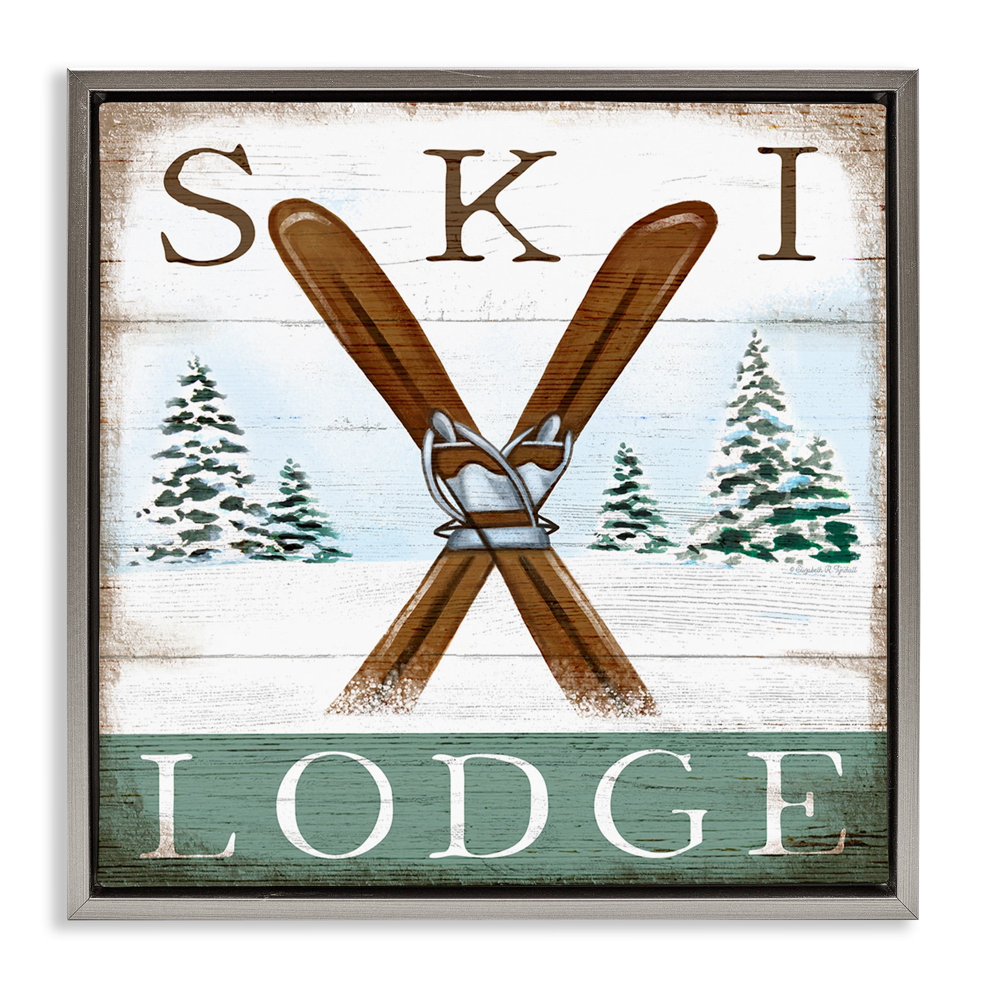 Stupell Industries Ski Lodge Rustic Cabin Sign Sports Painting Gray Floater Framed Canvas Art Print Wall Art, 18 x 18