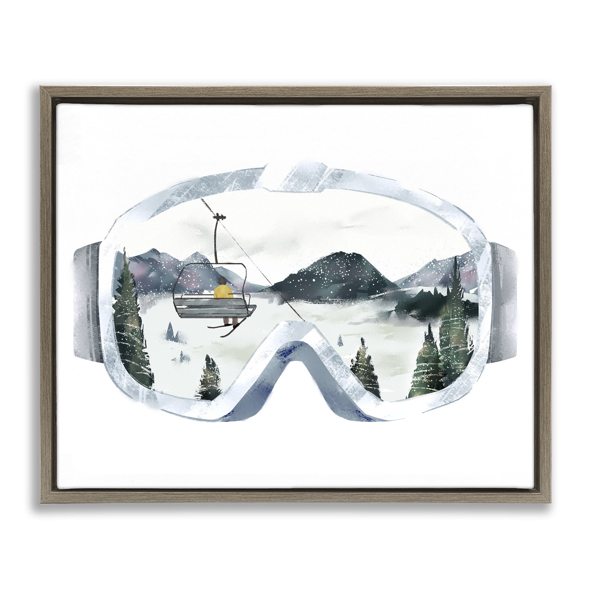 Stupell Industries Ski Mountain Reflection in Goggles Sports Painting Brown Floater Framed Canvas Art Print Wall Art, 21 x 17