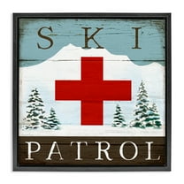 Stupell Industries Ski Patrol Rustic Cabin Sign Sports Painting Black Floater Framed Canvas Art Print Wall Art, 18 x 18