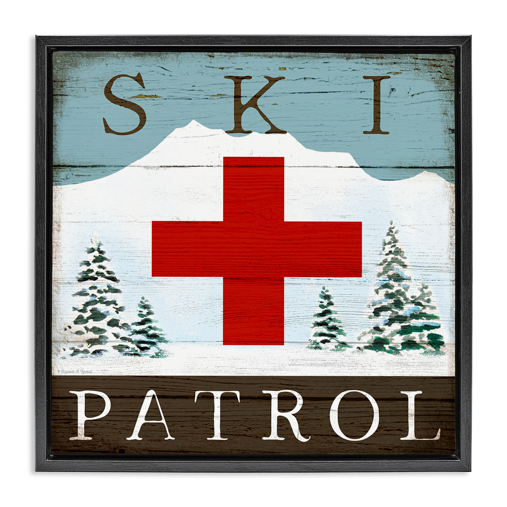 Stupell Industries Ski Patrol Rustic Cabin Sign Sports Painting Black Floater Framed Canvas Art Print Wall Art, 25 x 25
