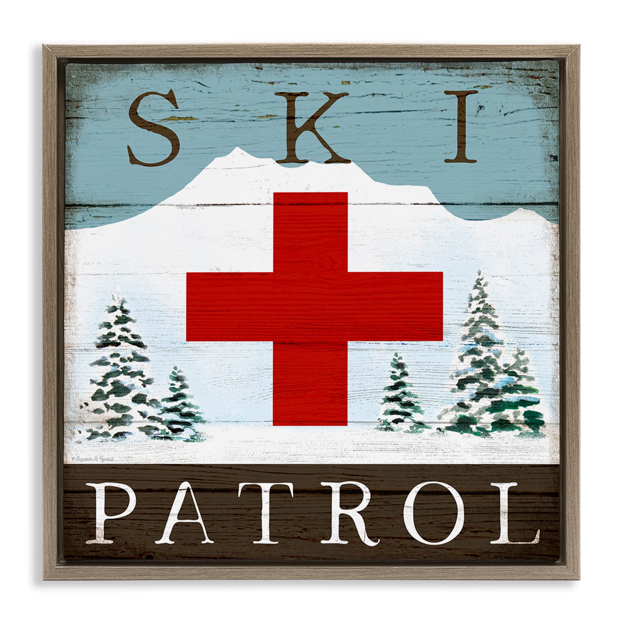 Stupell Industries Ski Patrol Rustic Cabin Sign Sports Painting Brown Floater Framed Canvas Art Print Wall Art, 25 x 25