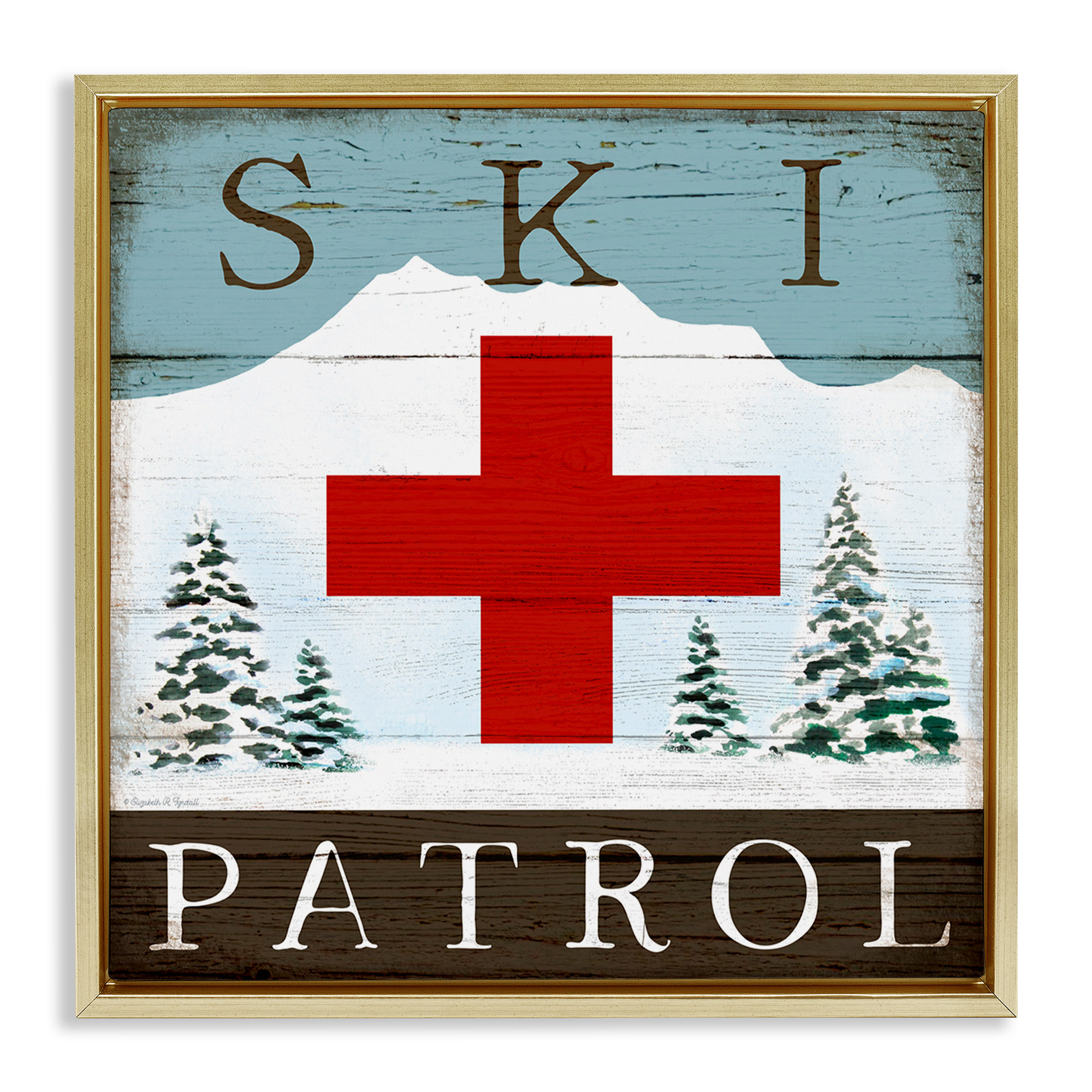 Stupell Industries Ski Patrol Rustic Cabin Sign Sports Painting Gold Floater Framed Canvas Art Print Wall Art, 18 x 18