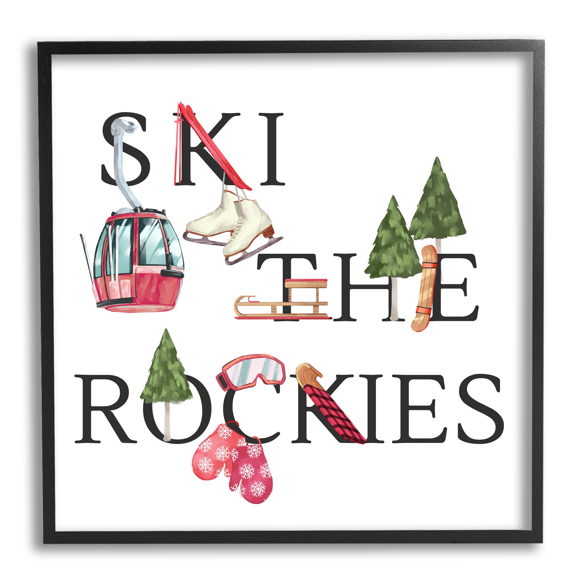 Stupell Industries Ski The Rockies Winter Seasonal Sports Phrase Sports Painting Black Framed Art Print Wall Art, 24 x 24