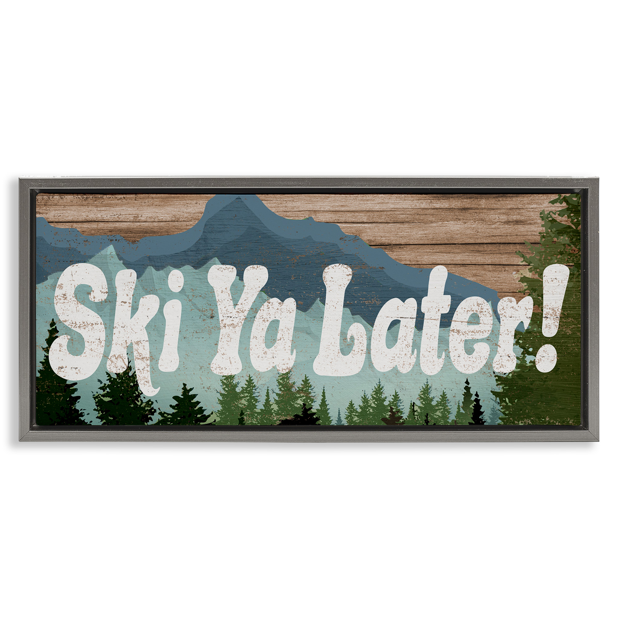Stupell Industries Ski Ya Later Sports Pun Rustic Mountain Forest Sports Painting Gray Floater Framed Canvas Art Print Wall Art, 25 x 11