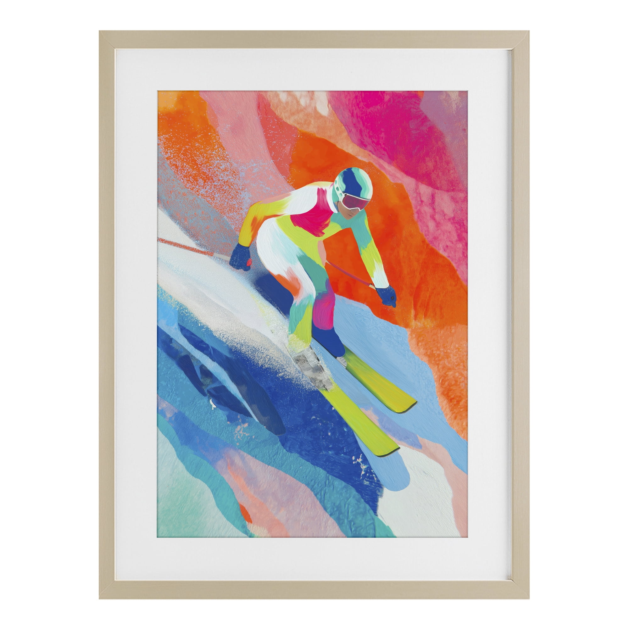 Stupell Industries Skiing Down Neon Slopes Birch Framed Print Under Glass, design by Chromatic Storm Studio