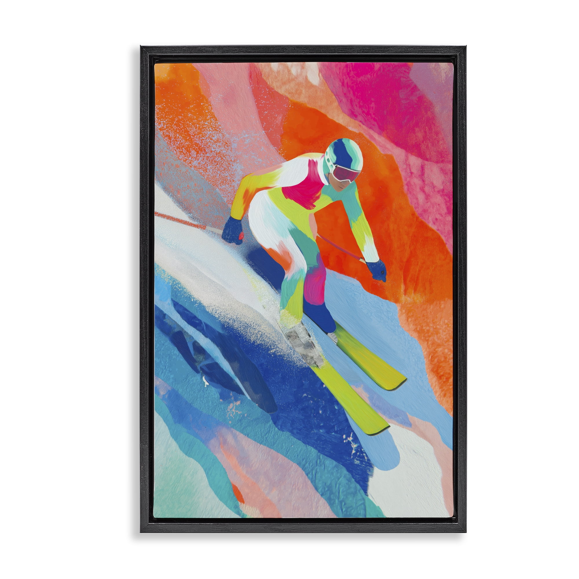 Stupell Industries Skiing Down Neon Slopes Black Framed Floater Canvas Wall Art, design by Chromatic Storm Studio