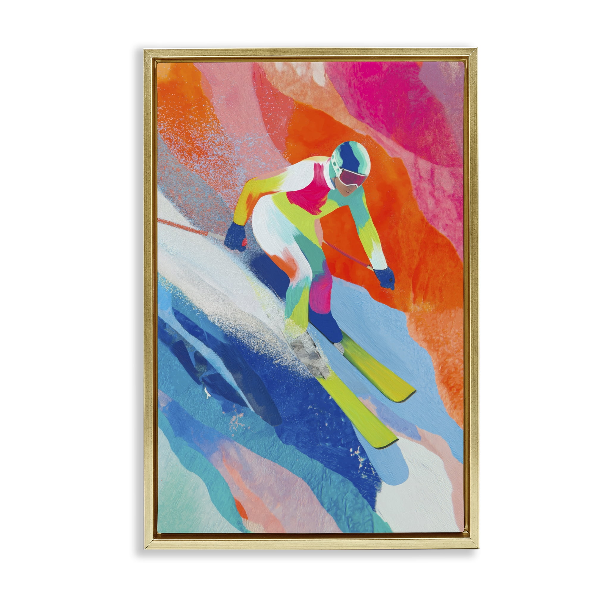 Stupell Industries Skiing Down Neon Slopes Gold Framed Floater Canvas Wall Art, design by Chromatic Storm Studio