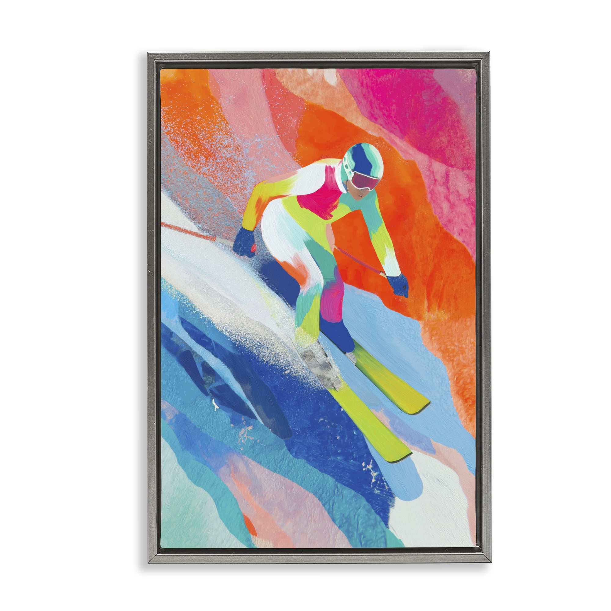 Stupell Industries Skiing Down Neon Slopes Gray Framed Floater Canvas Wall Art, design by Chromatic Storm Studio