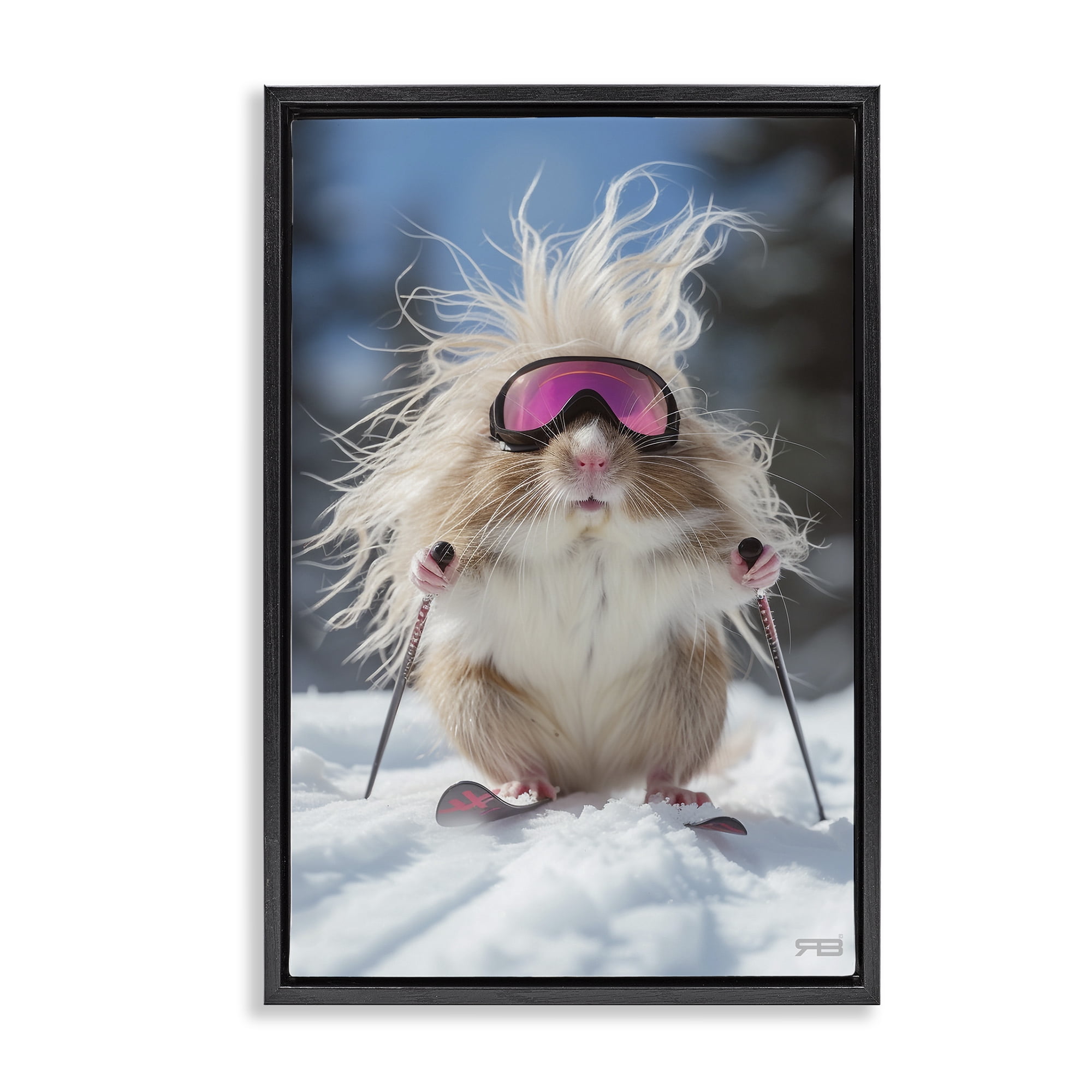 Stupell Industries Skiing Guinea Pig Animals & Insects Painting Black Floater Framed Canvas Art Print Wall Art, 21 x 31