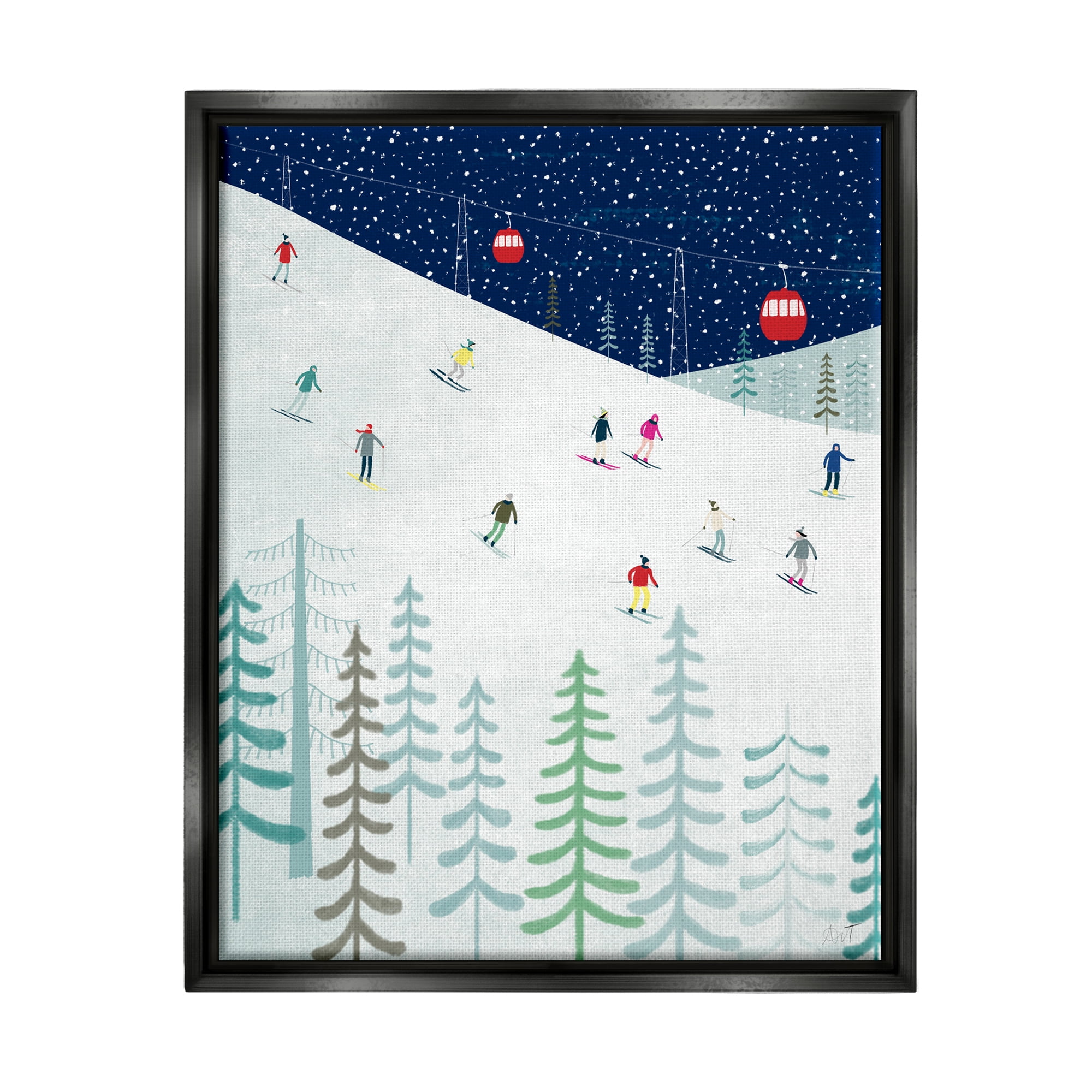 Stupell Industries Skiing Night Sky Winter Slopes Holiday Painting Black Floater Framed Art Print Wall Art