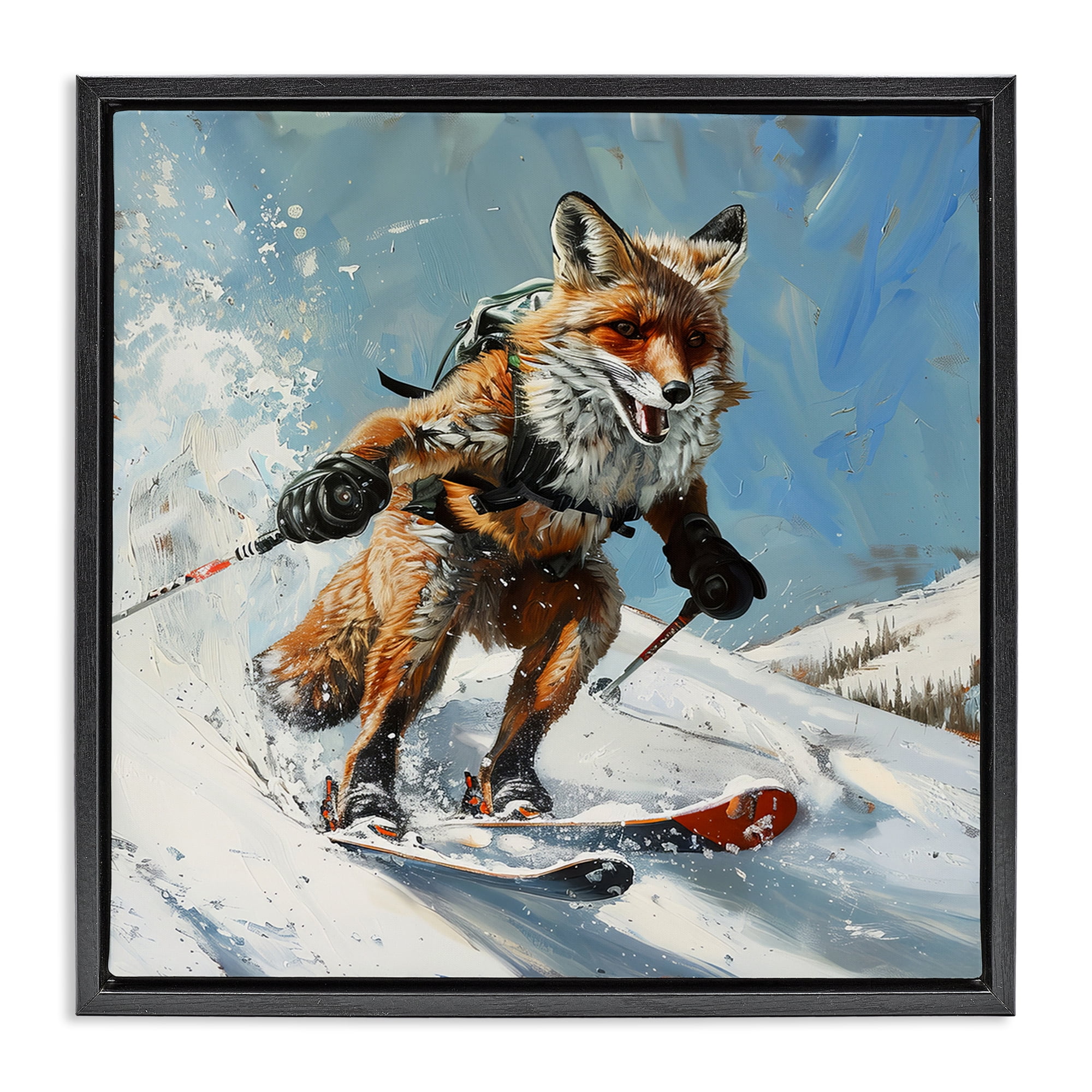 Stupell Industries Skiing Slopes Fox Animals Painting Black Floater Framed Canvas Art Print Wall Art, 18 x 18