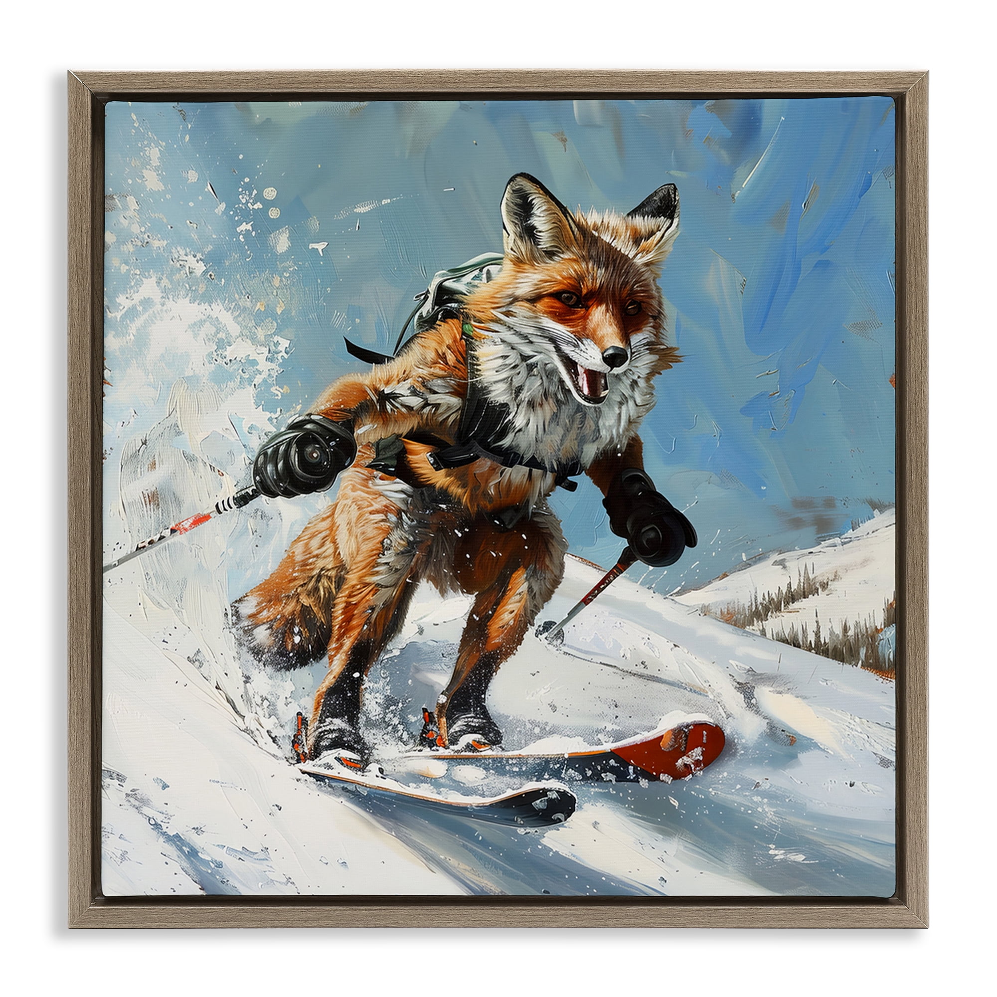 Stupell Industries Skiing Slopes Fox Animals Painting Brown Floater Framed Canvas Art Print Wall Art, 18 x 18