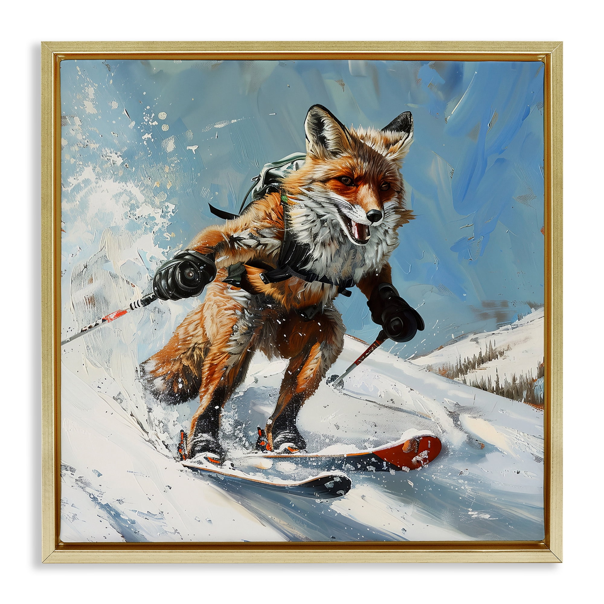 Stupell Industries Skiing Slopes Fox Animals Painting Gold Floater Framed Canvas Art Print Wall Art, 18 x 18