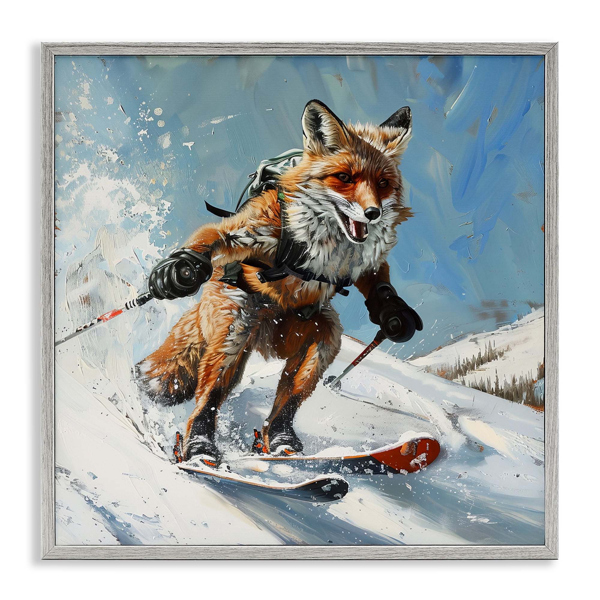 Stupell Industries Skiing Slopes Fox Animals Painting Gray Framed Art Print Wall Art, 24 x 24