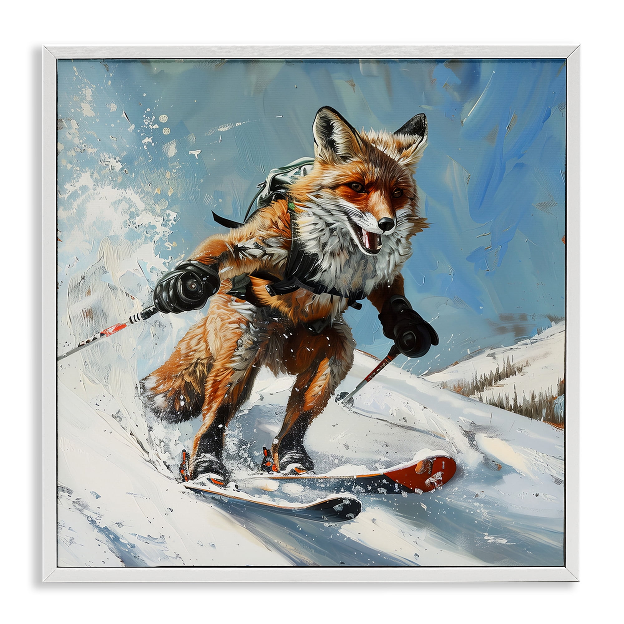 Stupell Industries Skiing Slopes Fox Animals Painting White Framed Art Print Wall Art, 12 x 12