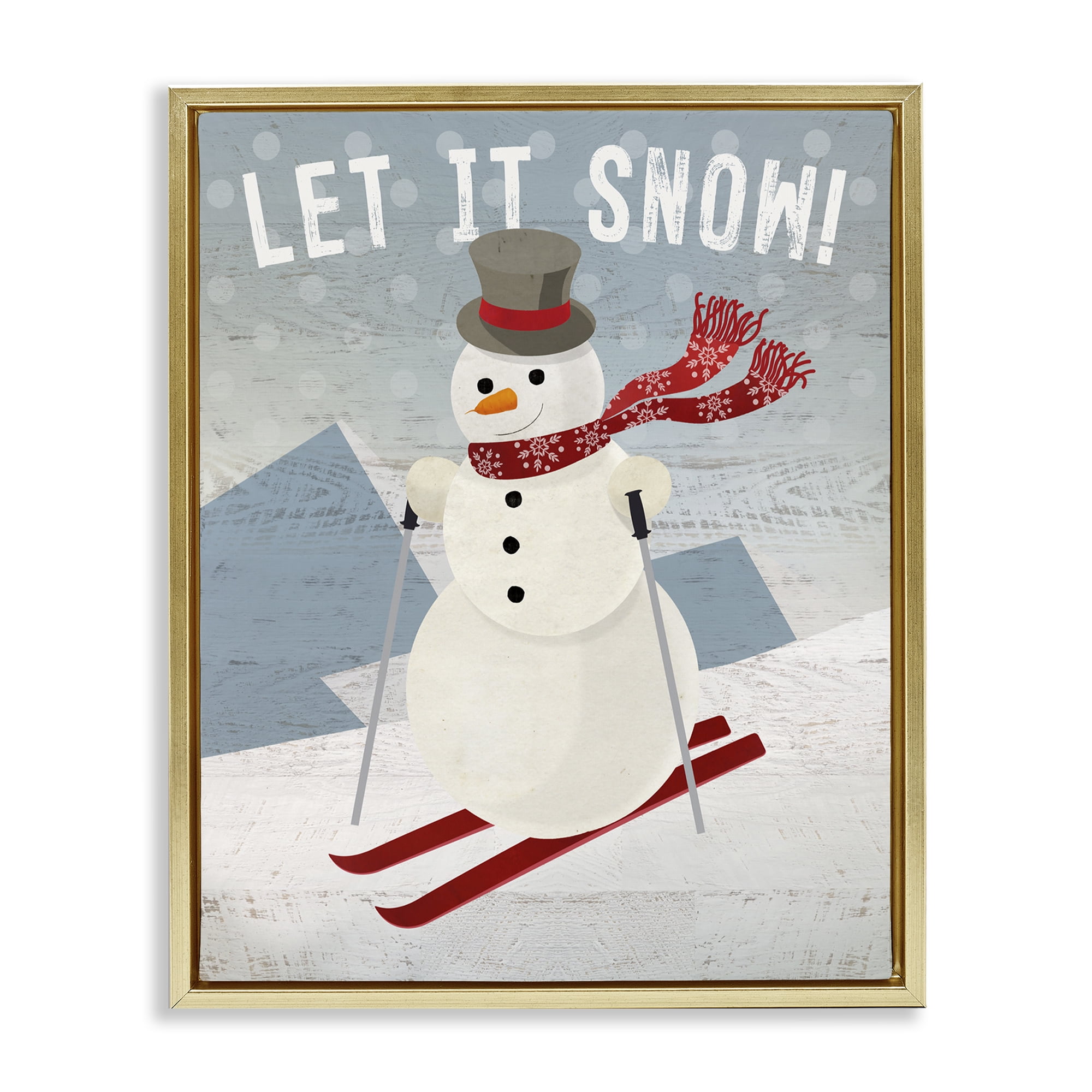 Stupell Industries Skiing Snowman on Slopes Holiday Painting Gold Floater Framed Canvas Art Prints Wall Art, 17 x 21