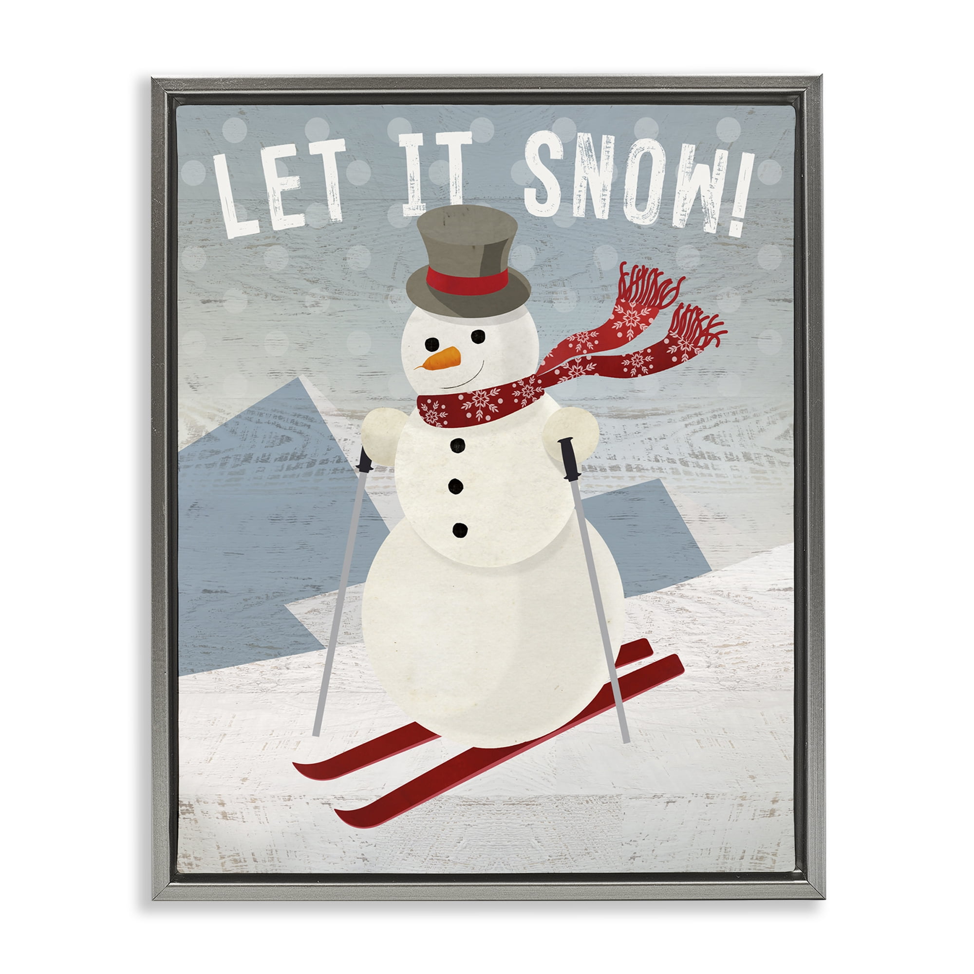 Stupell Industries Skiing Snowman on Slopes Holiday Painting Gray Floater Framed Canvas Art Prints Wall Art, 25 x 31