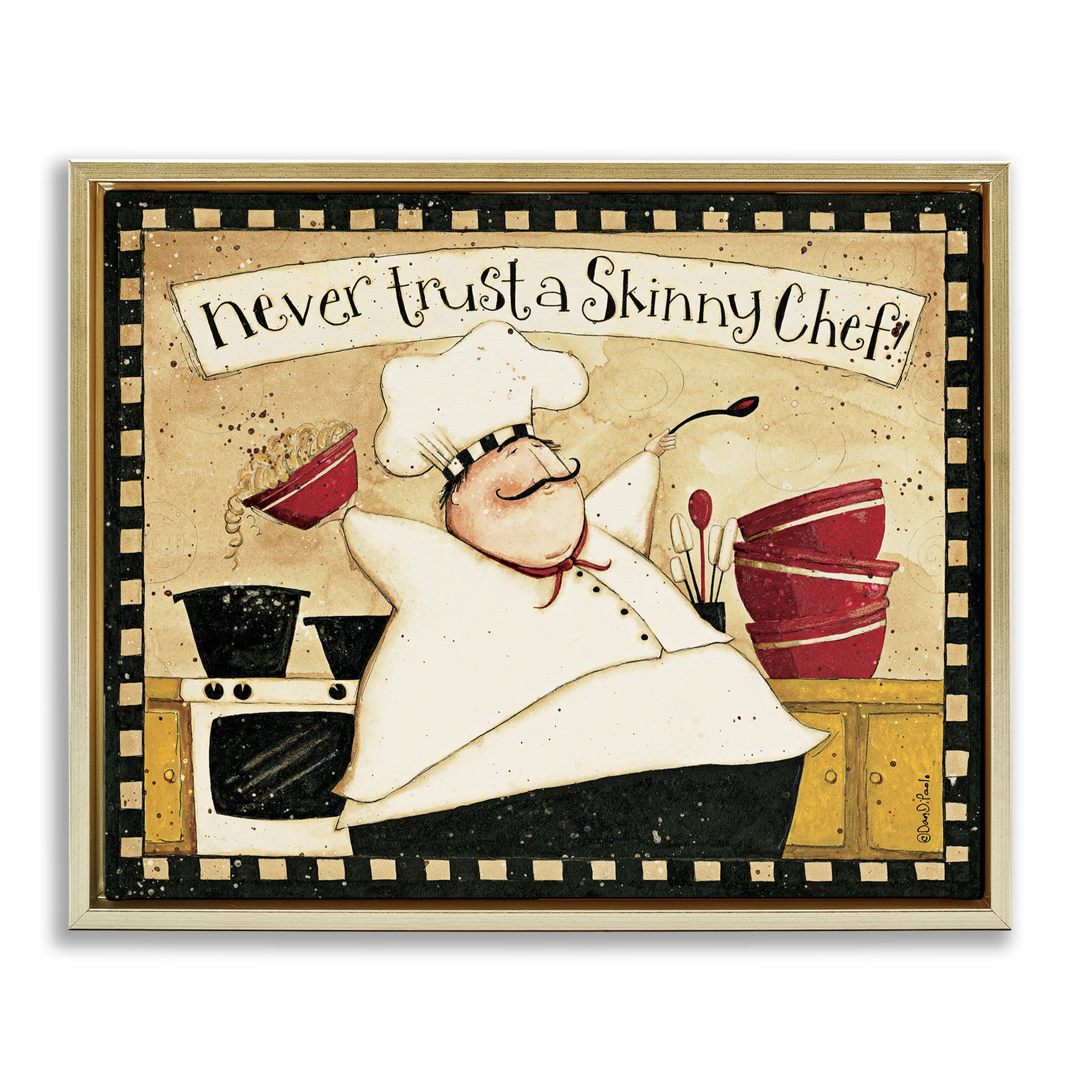 Stupell Industries Skinny Chef Funny Kitchen Food & Beverage Painting Gold Floater Framed Canvas Art Print Wall Art, 21 x 17