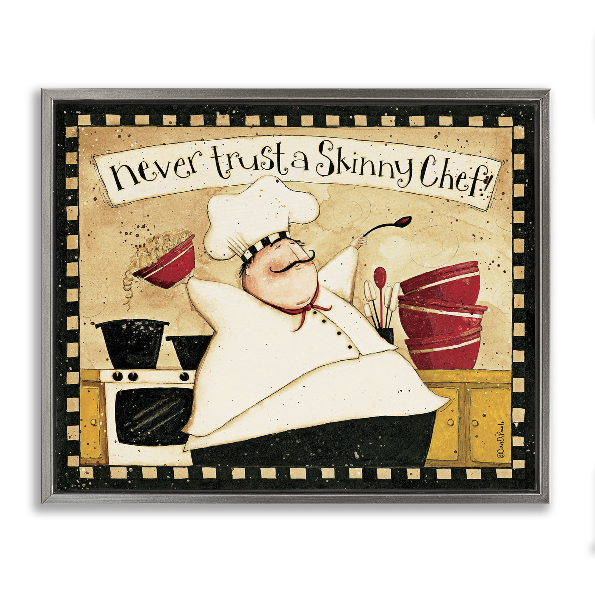 Stupell Industries Skinny Chef Funny Kitchen Food & Beverage Painting Gray Floater Framed Canvas Art Print Wall Art, 31 x 25