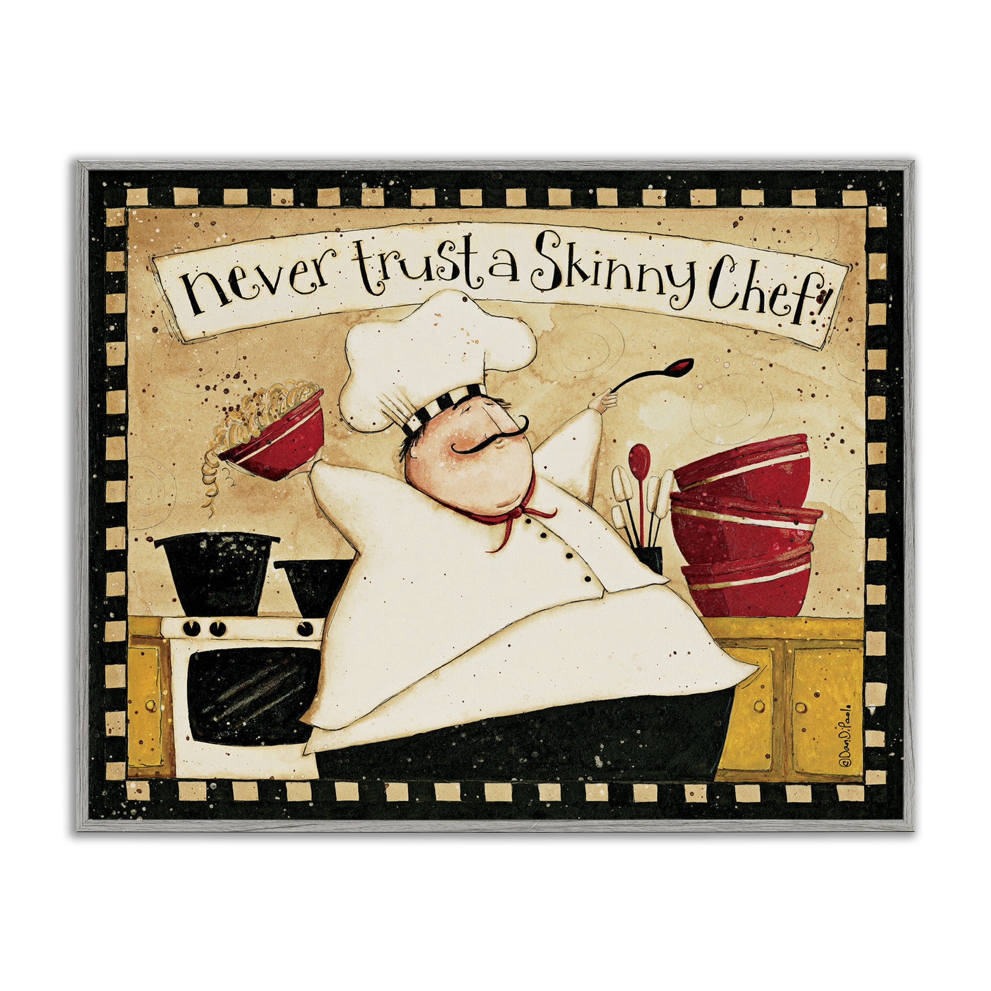 Stupell Industries Skinny Chef Funny Kitchen Food & Beverage Painting Gray Framed Art Print Wall Art, 30 x 24
