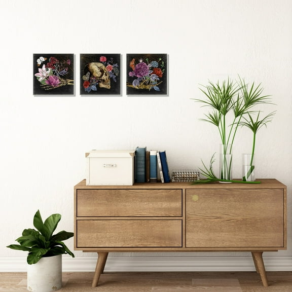 Stupell Industries Skull And Arms Bones Floral Drawing Designs Black Framed Art Print Wall Art Set of 3, 12x12, by Melissa Wang