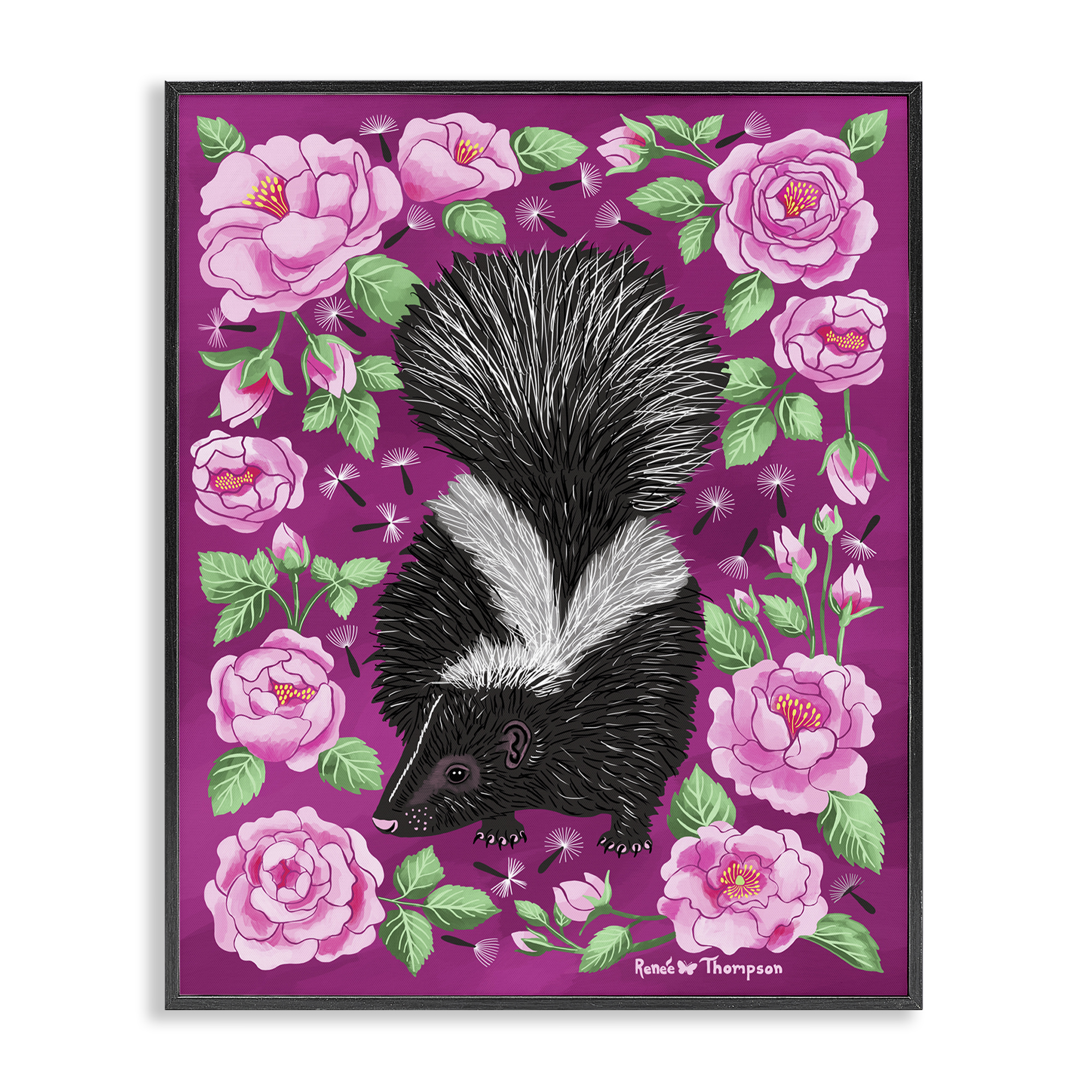 Stupell Industries Skunk & Rose Blossoms Animals Painting Black Framed Art Print Wall Art, 24 x 30