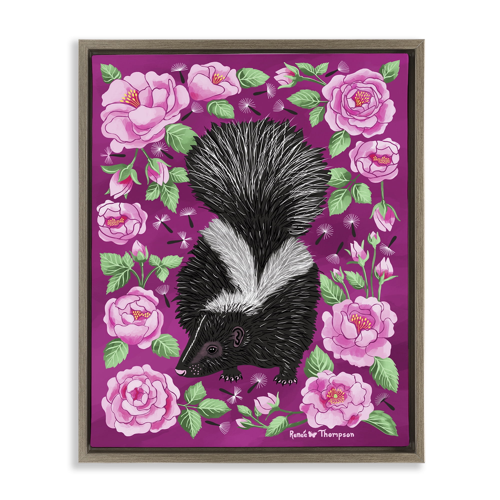 Stupell Industries Skunk & Rose Blossoms Animals Painting Brown Floater Framed Canvas Art Print Wall Art, 17 x 21
