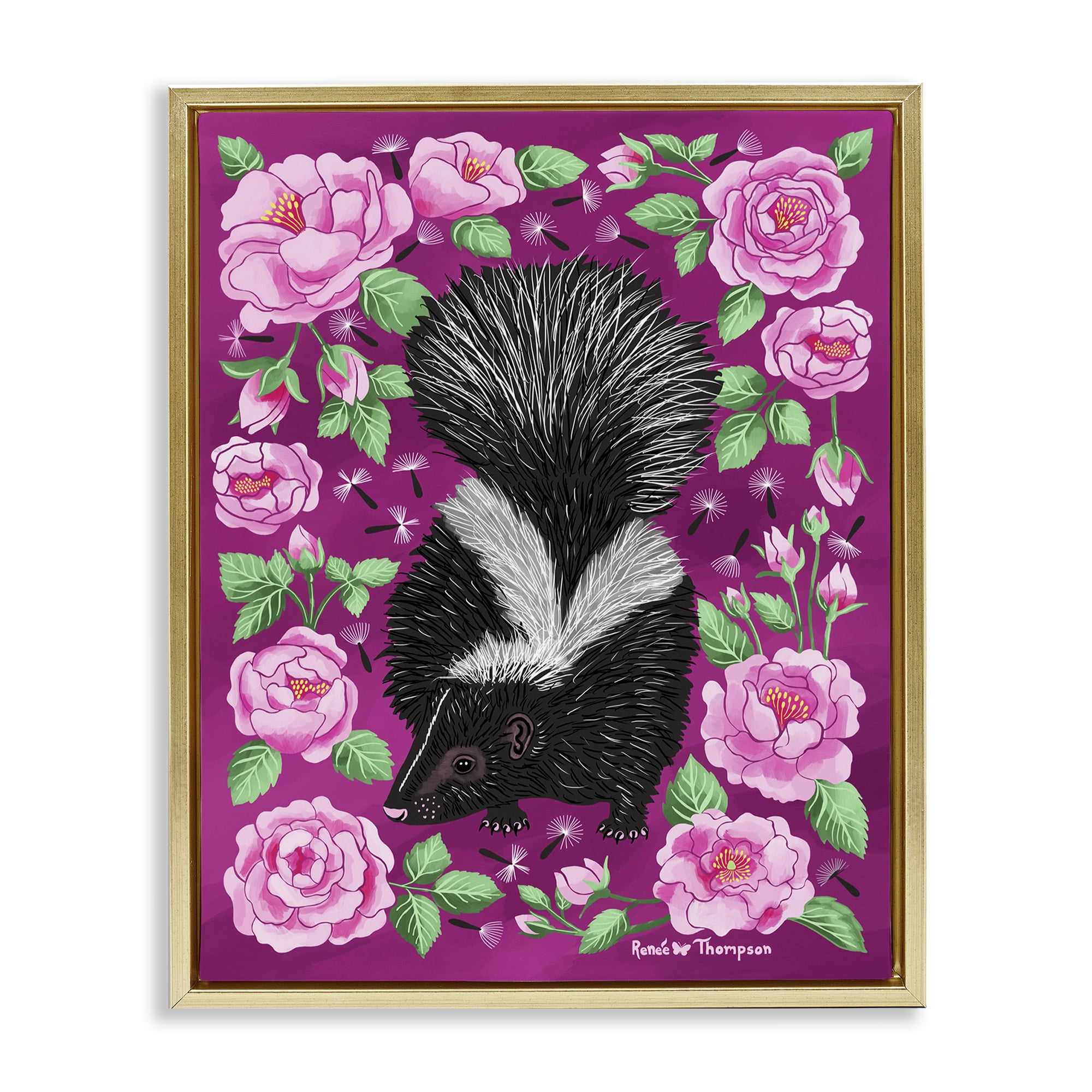 Stupell Industries Skunk & Rose Blossoms Animals Painting Gold Floater Framed Canvas Art Print Wall Art, 25 x 31