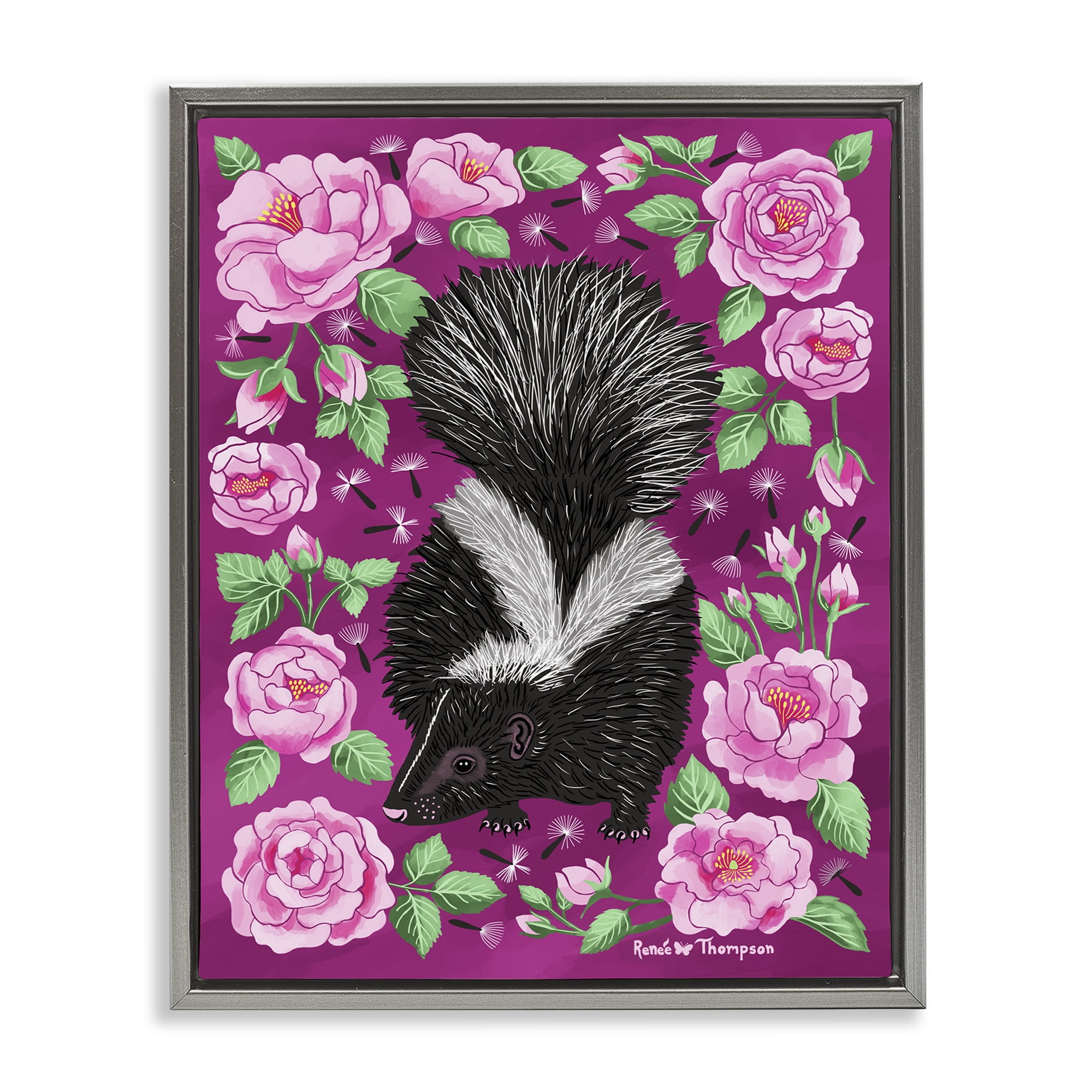 Stupell Industries Skunk & Rose Blossoms Animals Painting Gray Floater Framed Canvas Art Print Wall Art, 25 x 31