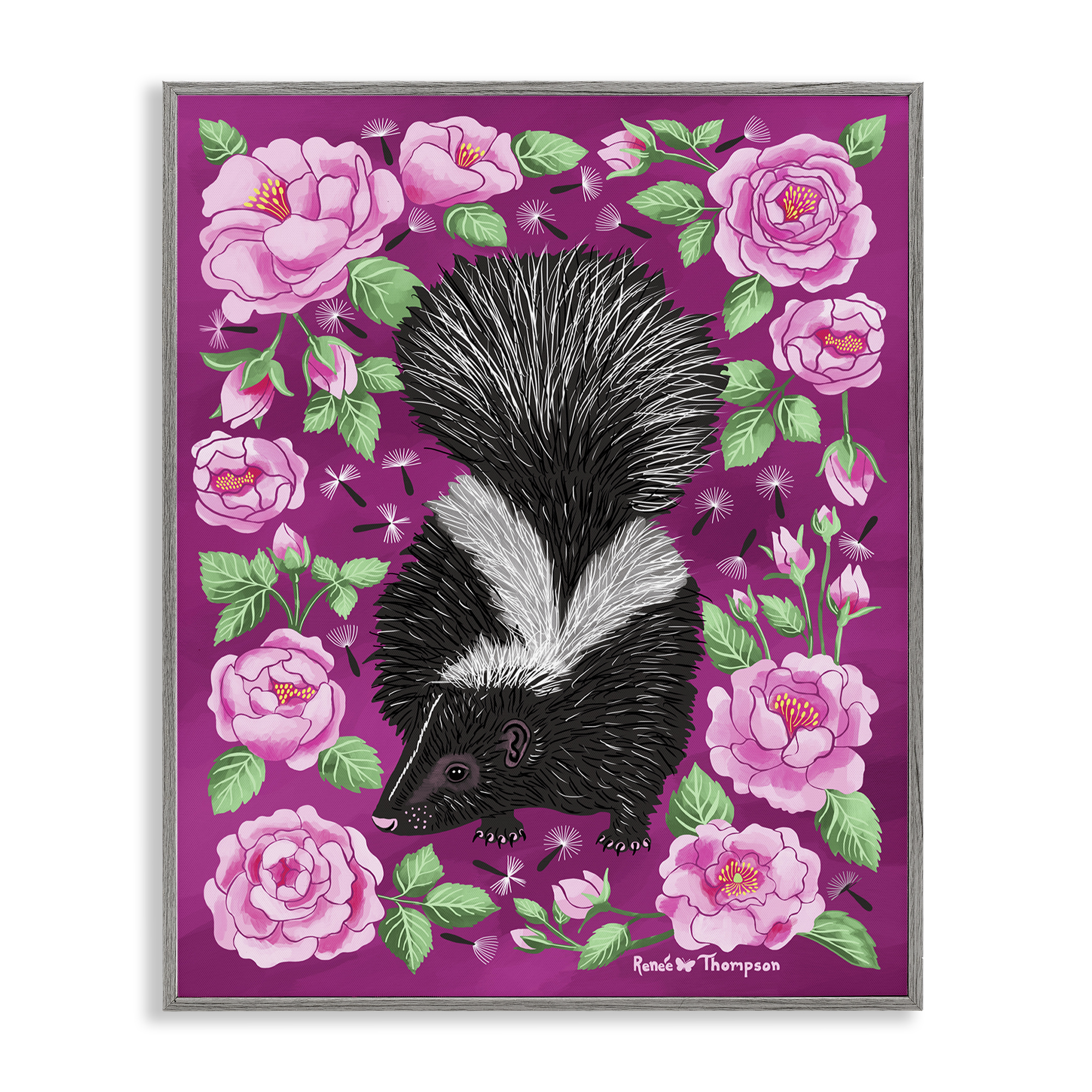 Stupell Industries Skunk & Rose Blossoms Animals Painting Gray Framed Art Print Wall Art, 24 x 30