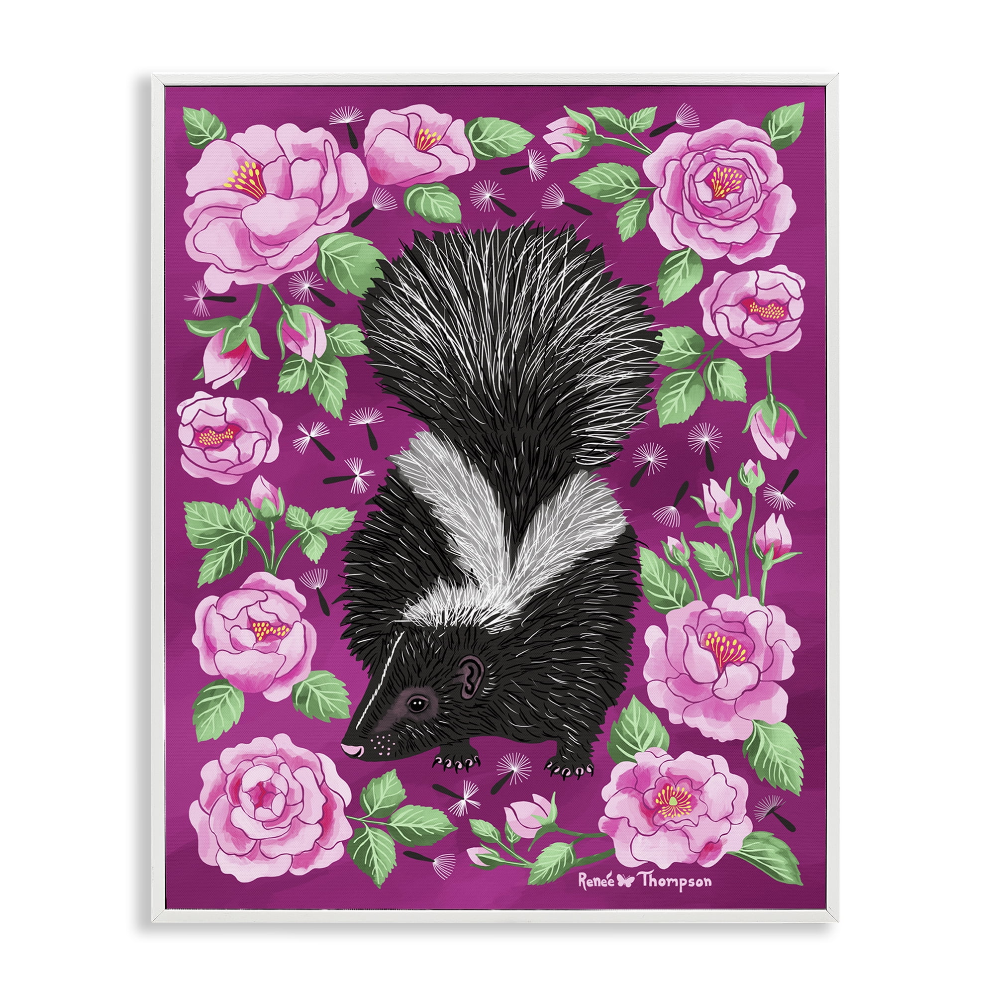 Stupell Industries Skunk & Rose Blossoms Animals Painting White Framed Art Print Wall Art, 24 x 30