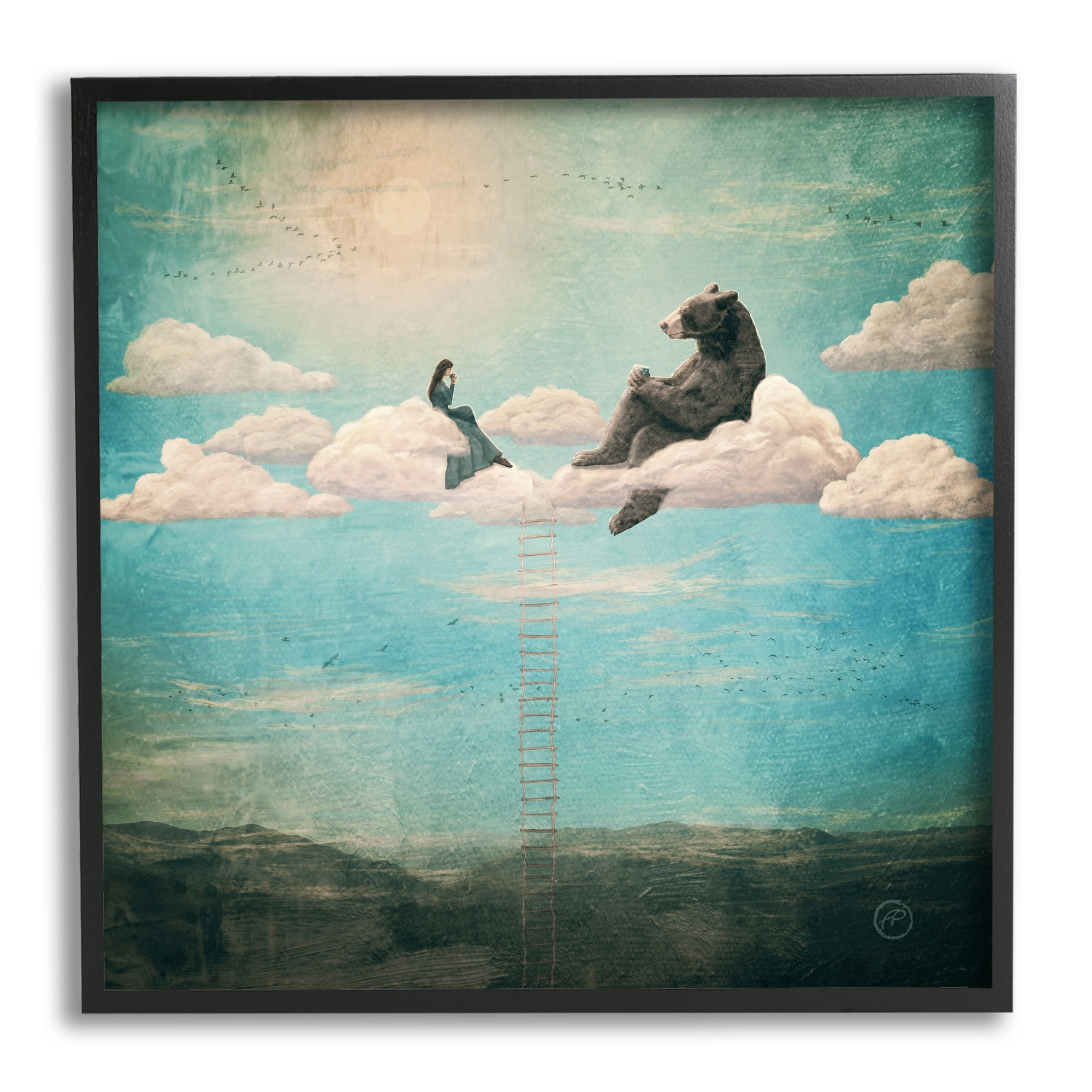 Stupell Industries Sky Ladder to Clouds Maiden Sitting with Bear,12 x 12, Design by Paula Belle Flores