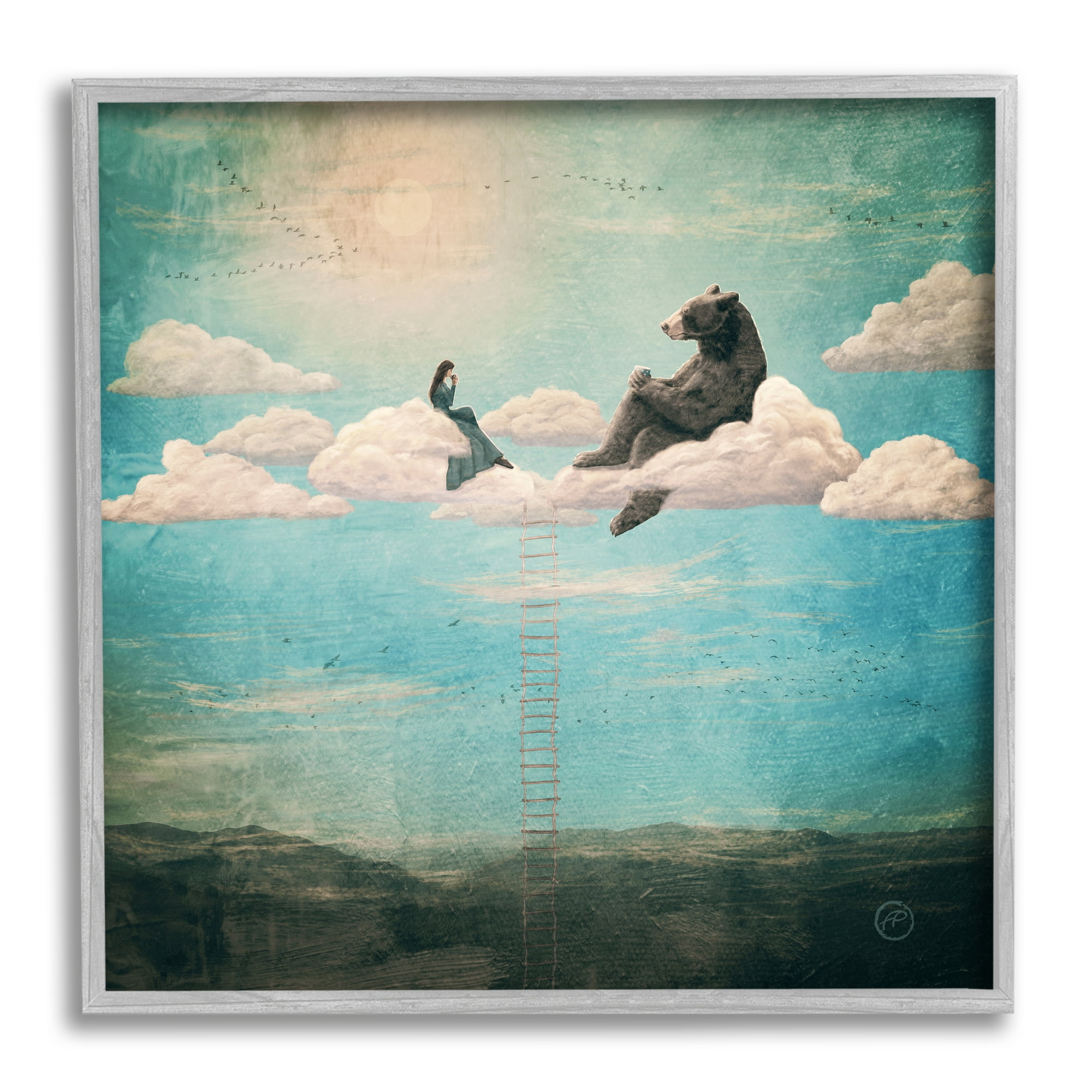 Stupell Industries Sky Ladder to Clouds Maiden Sitting with Bear,17 x 17, Design by Paula Belle Flores