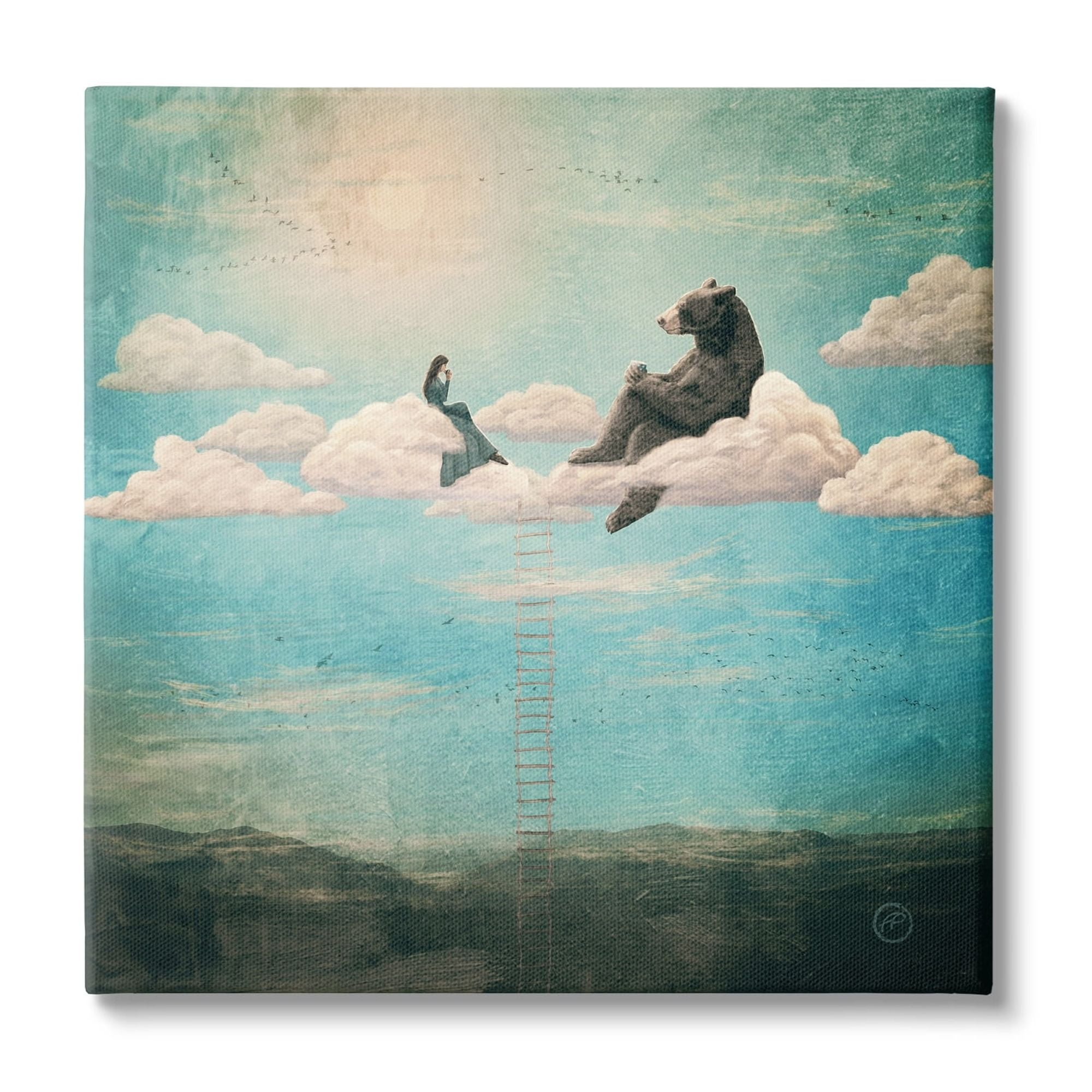 Stupell Industries Sky Ladder to Clouds Maiden Sitting with Bear,30 x 30, Design by Paula Belle Flores