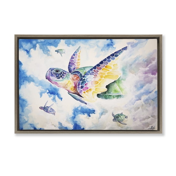 Stupell Industries Skyward Sea Turtles Brown Framed Floater Canvas Wall Art, design by Marc Allante