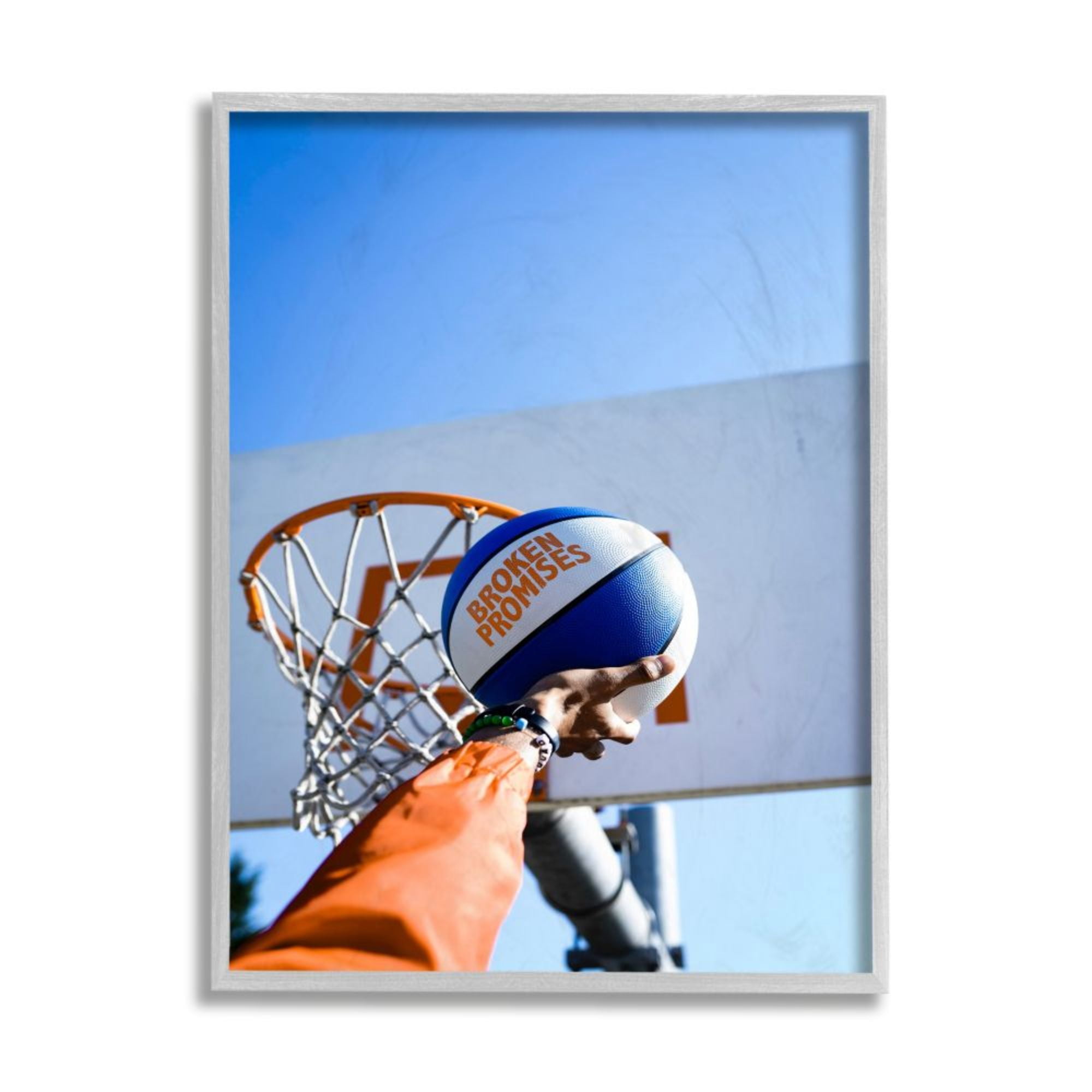 Stupell Industries Slam Dunk Basketball Pose Broken Promises Phrase Design by Unsplash, 11" x 14", Gray Framed