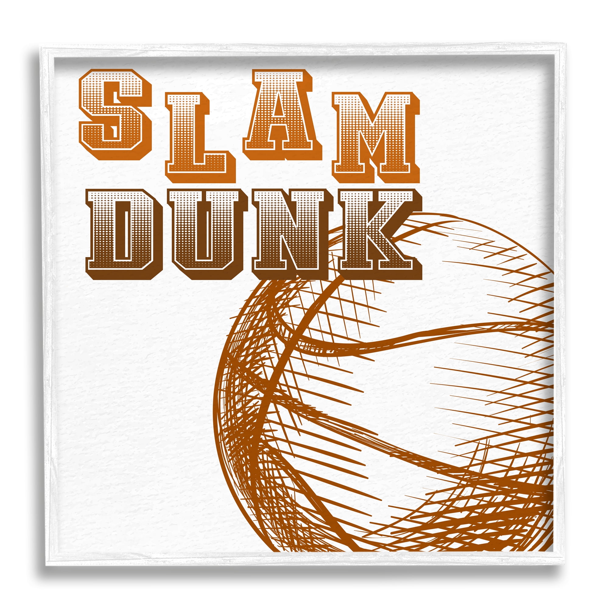 Stupell Industries Slam Dunk Basketball Sports Ball Orange Varsity Typography Novelty Painting White framed Art Print Wall Art, 12 x 12, Design by Kim Allen